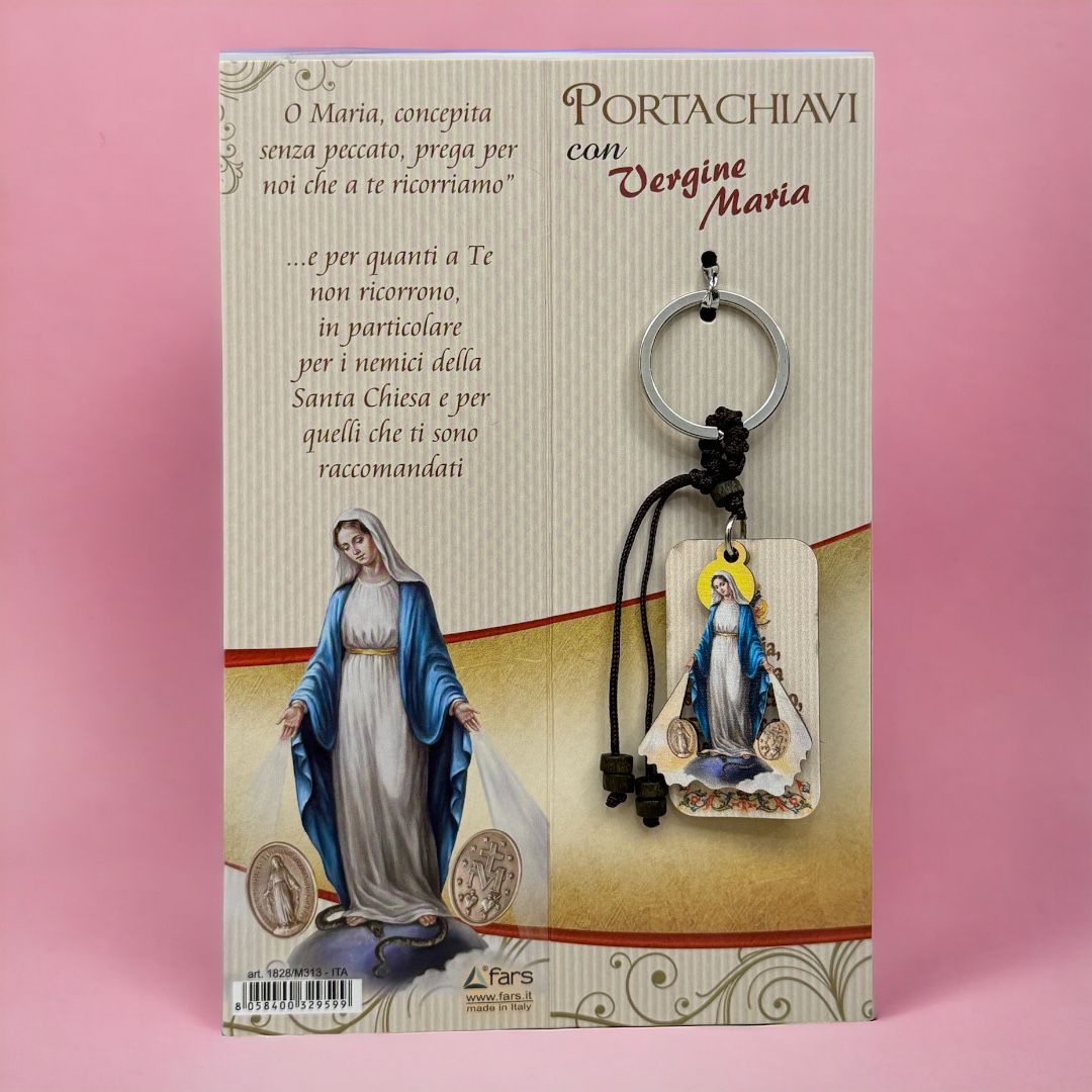 Portachiavi con Vergine Maria e Cartoncino Confezione