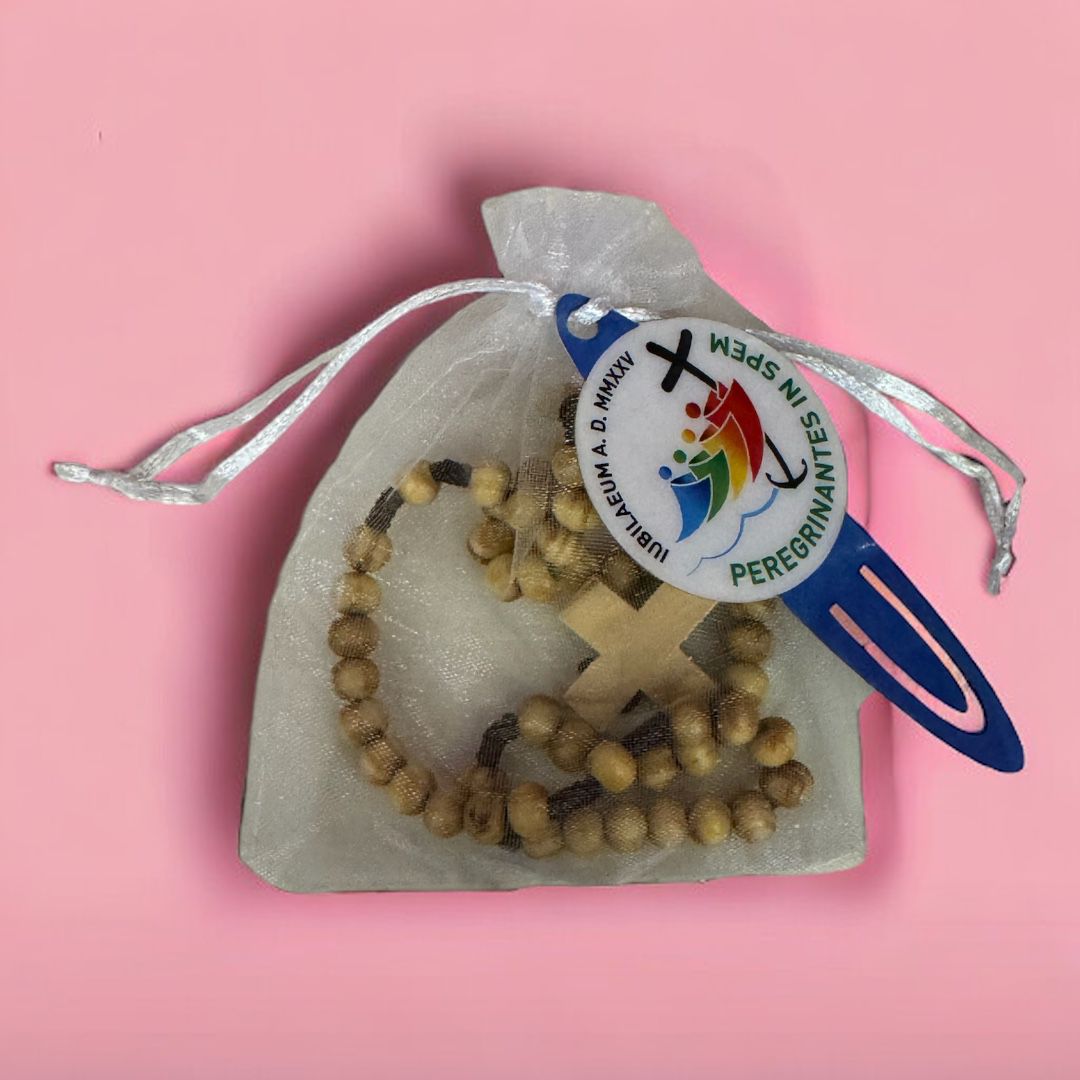 Rosario Giubileo 2025 con Sacchettino Organza e Segnalibro Plastificato