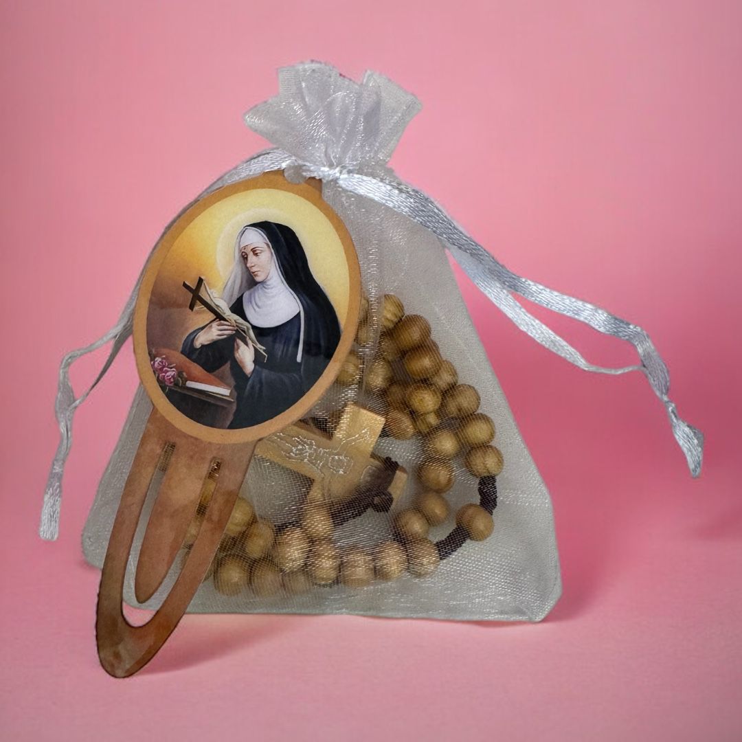 Rosario con Sacchettino Organza e Segnalibro Plastificato Santa Rita