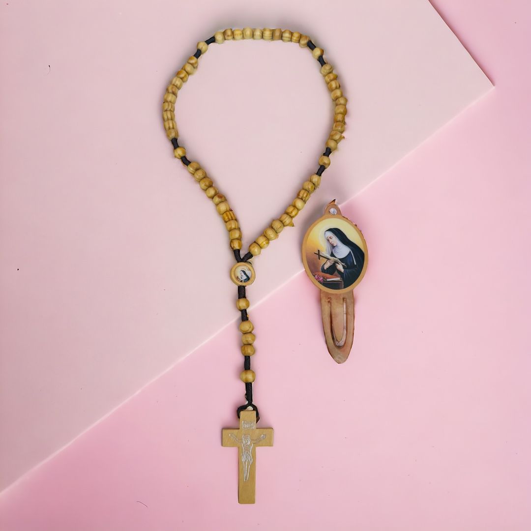 Rosario con Sacchettino Organza e Segnalibro Plastificato Santa Rita