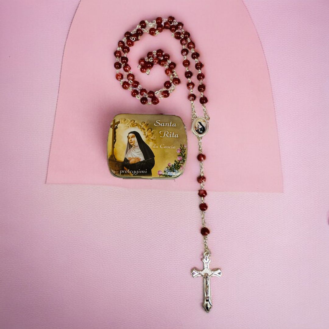 Scatola in Metallo con Rosario Santa Rita da Cascia (Disponibile Bianco o Rosso)