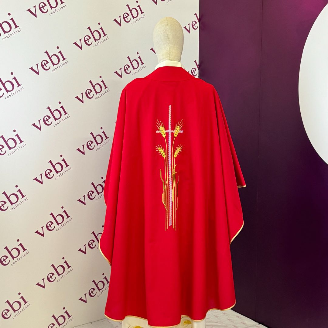 Casula Sacerdotale Misto Lana Rossa con Ricamo Spighe e Croce Oro