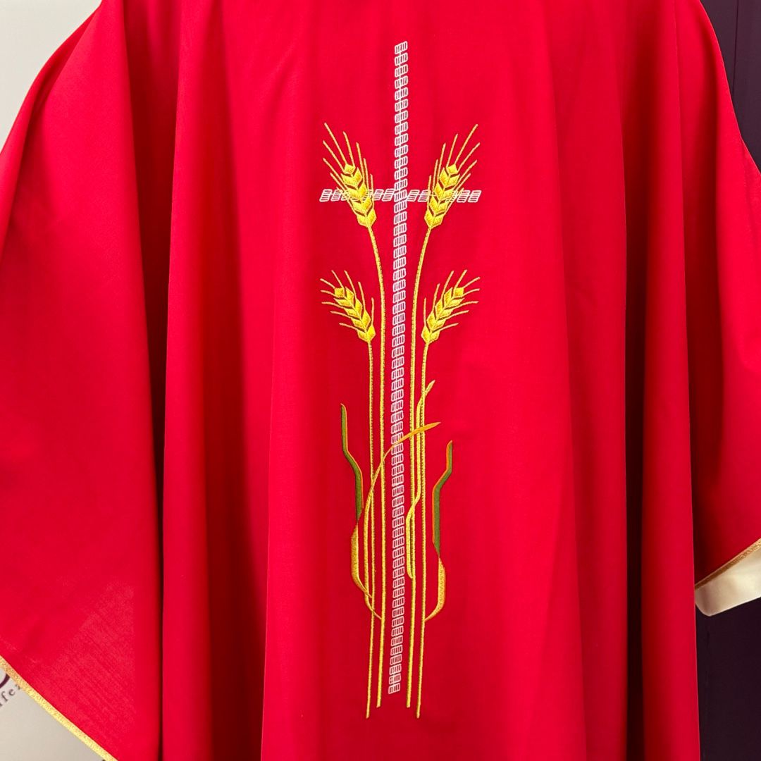 Casula Sacerdotale Misto Lana Rossa con Ricamo Spighe e Croce Oro