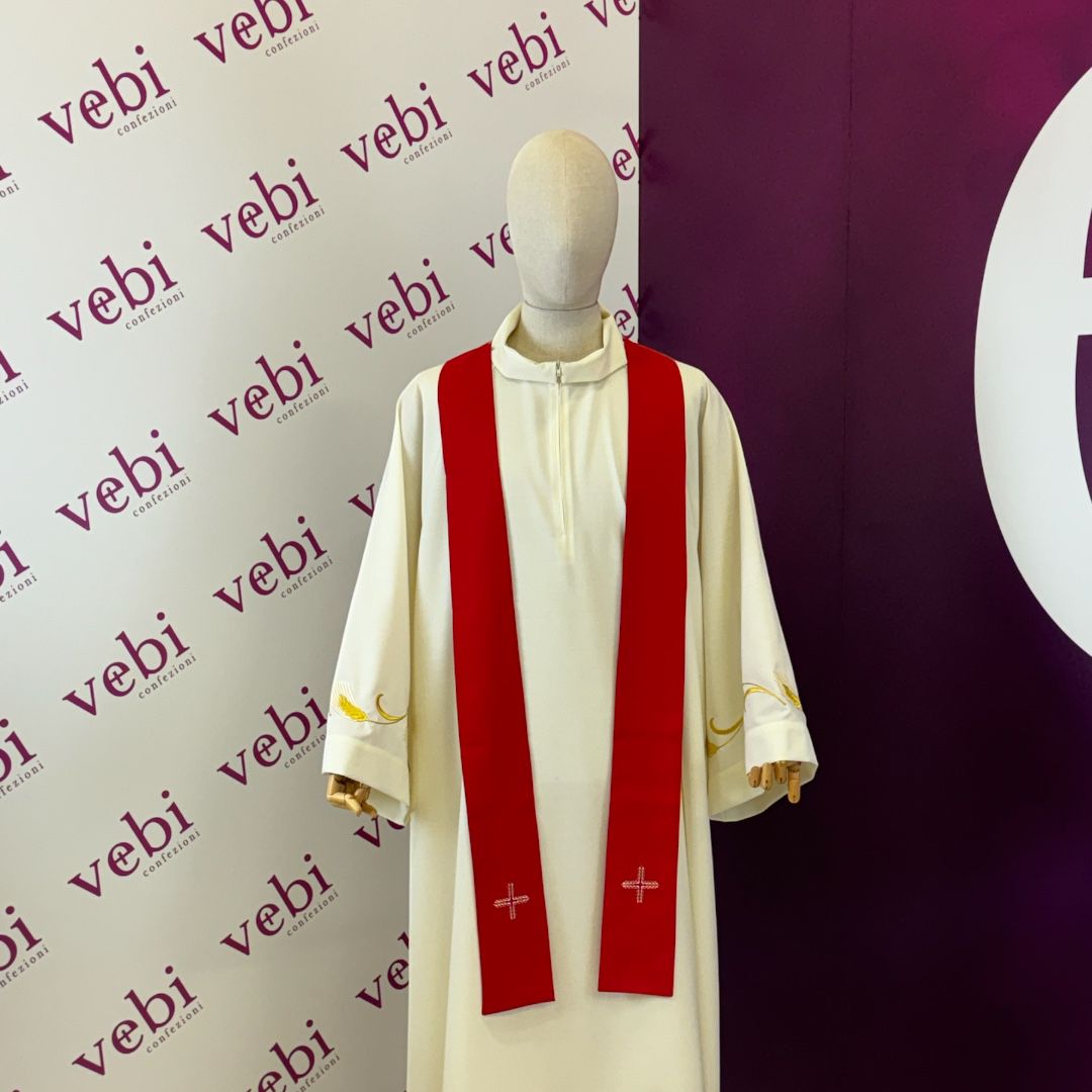 Casula Sacerdotale Misto Lana Rossa con Ricamo Spighe e Croce Oro