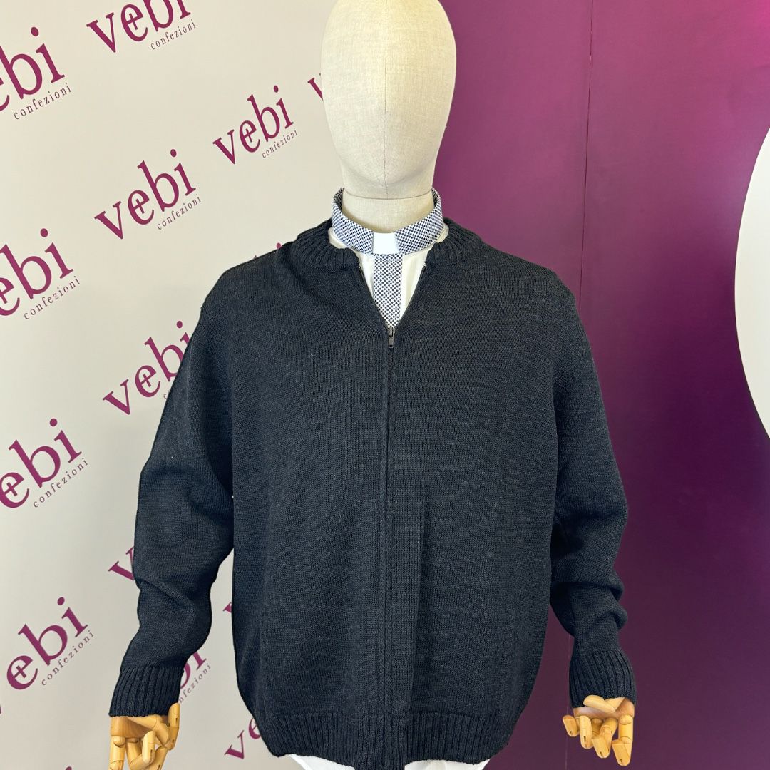 Maglione Invernale per Sacerdote Grigio Scuro Misto Lana con Cerniera