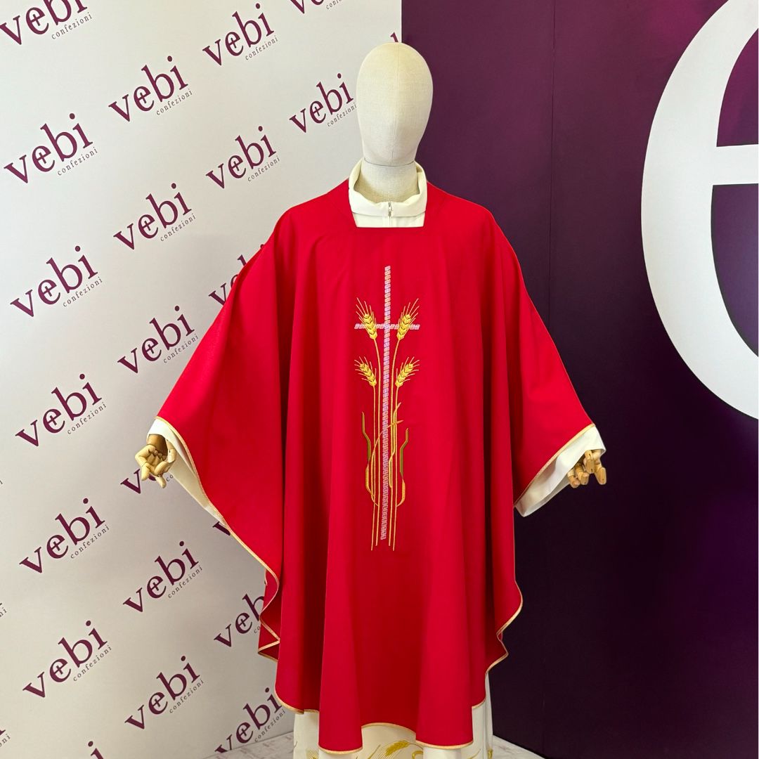 Casula Sacerdotale Misto Lana Rossa con Ricamo Spighe e Croce Oro
