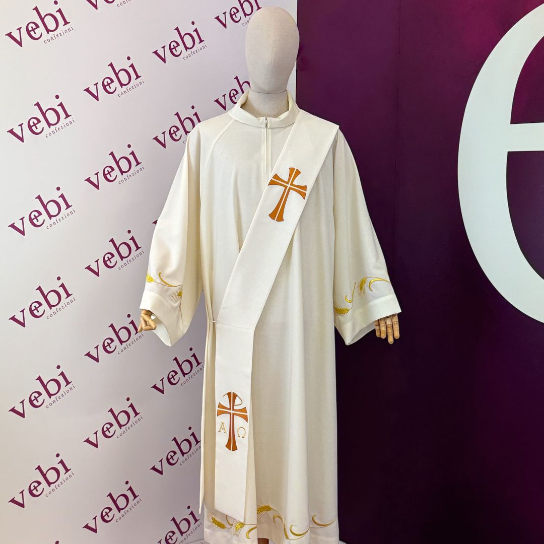 Stola Diaconale Ricamo Croci, Alfa e Omega (Disponibile 4 Colori Liturgici, Rosa)
