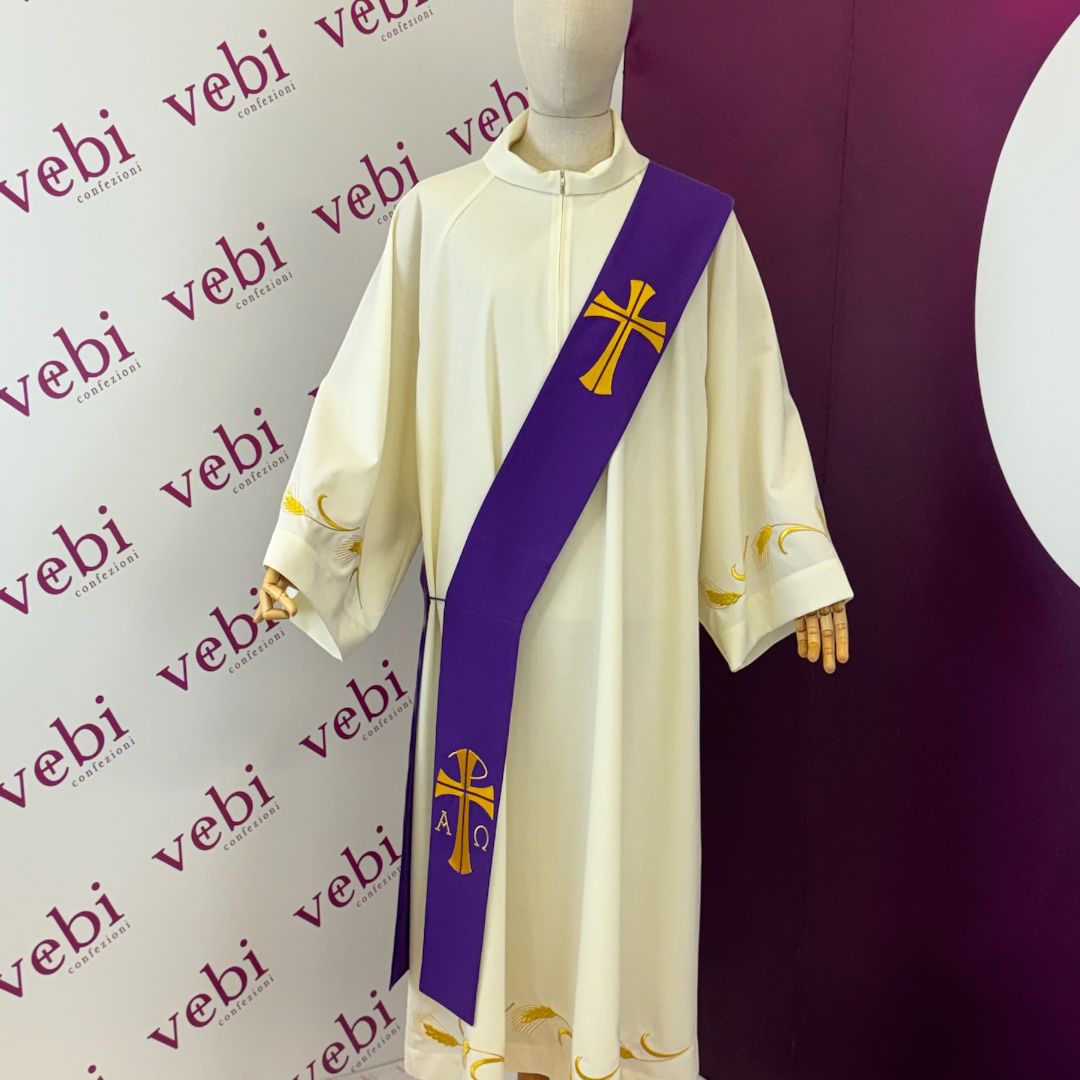 Stola Diaconale Ricamo Croci, Alfa e Omega (Disponibile 4 Colori Liturgici, Rosa)