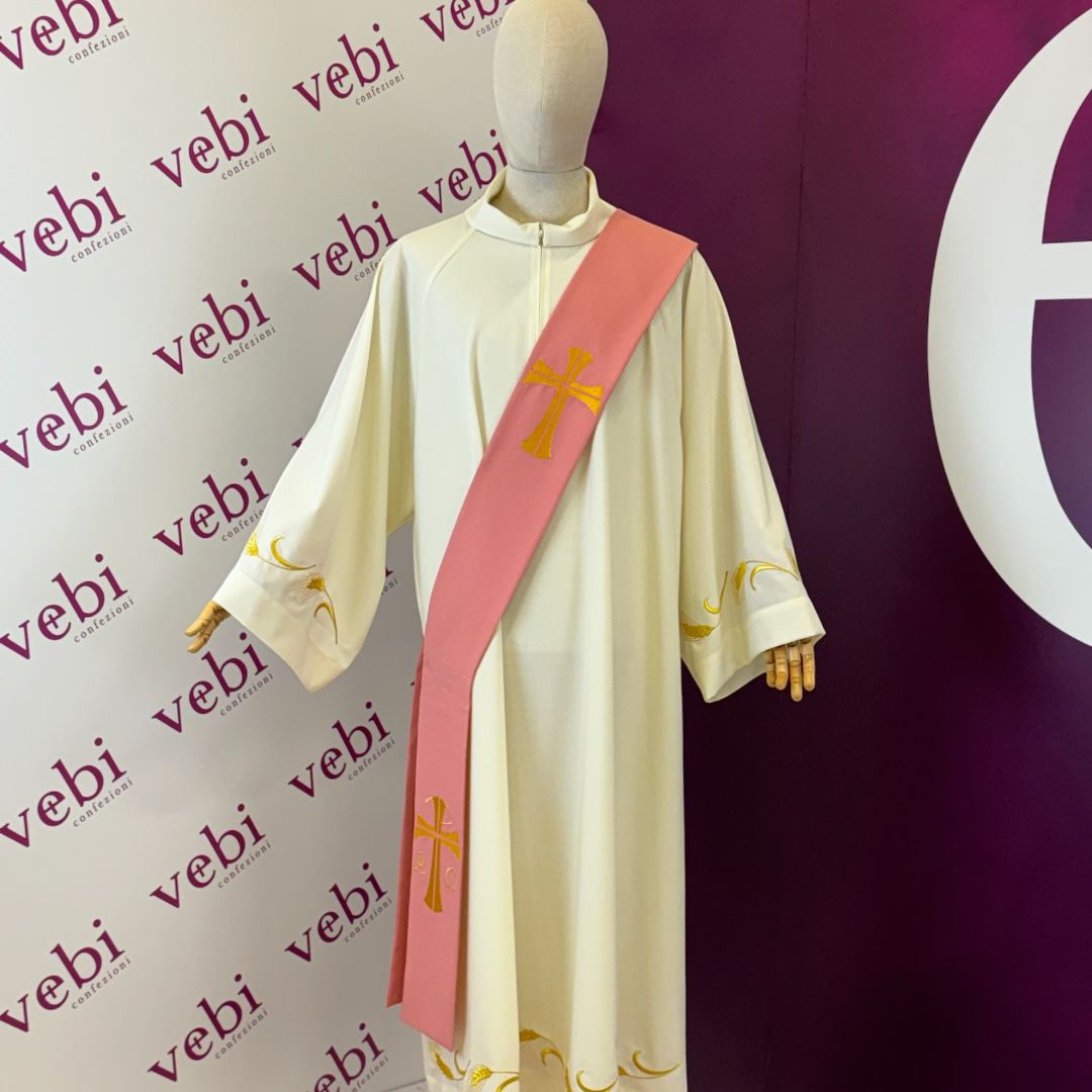 Stola Diaconale Ricamo Croci, Alfa e Omega (Disponibile 4 Colori Liturgici, Rosa)