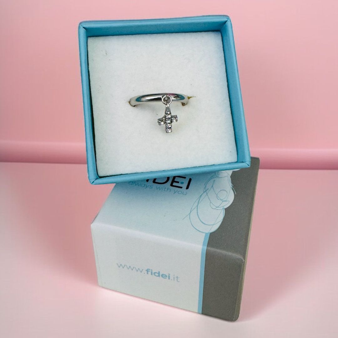 Anello in Argento con Ciondolo Croce Zirconi (Misura Regolabile, Oro e Argento)