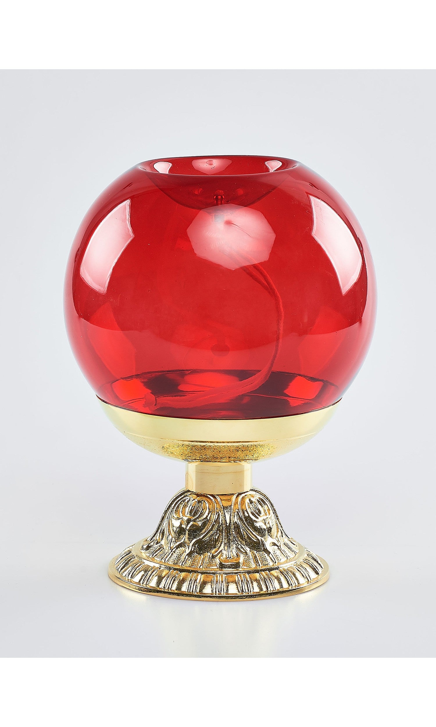 Sfera in vetro rosso con base decorata