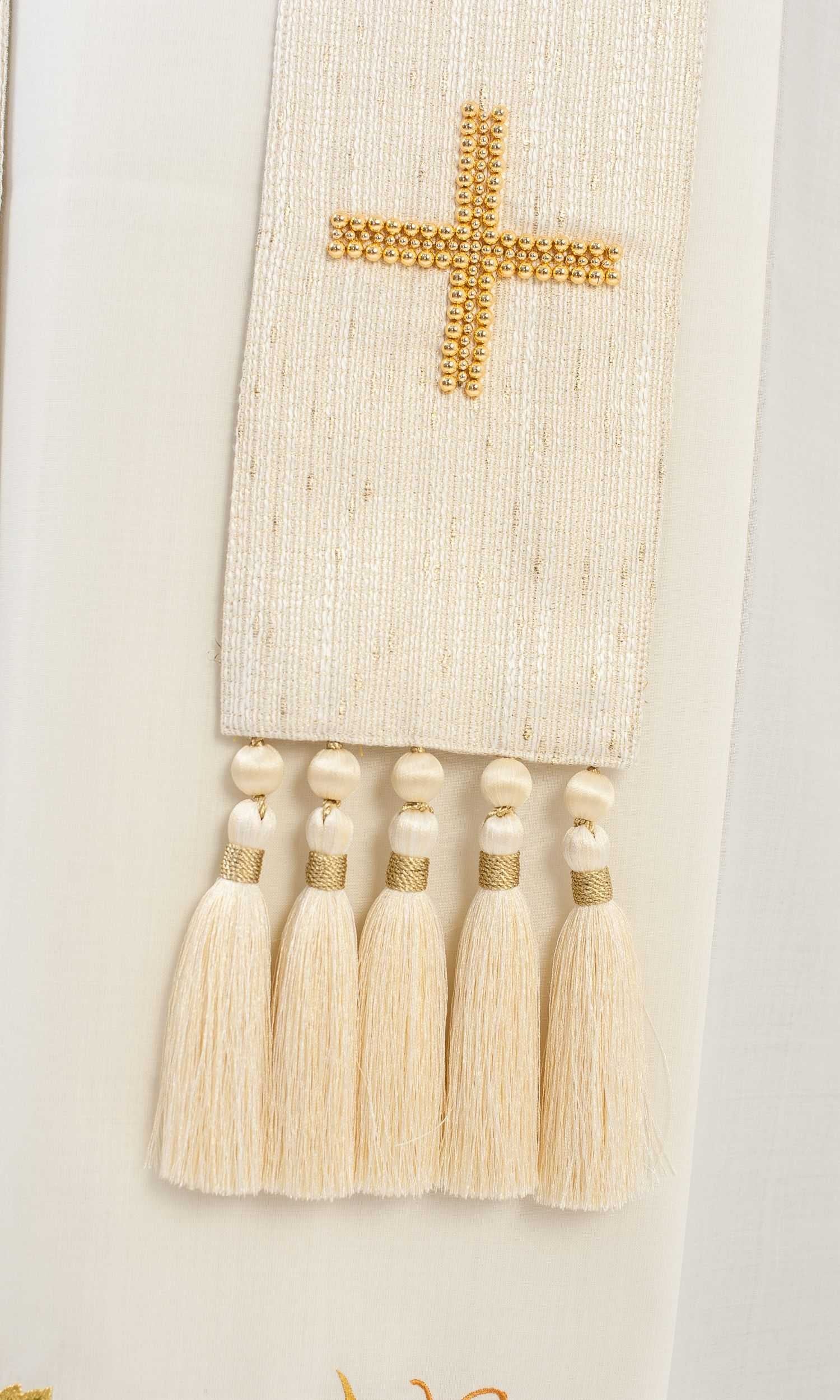 Stola per Sacerdote Bianca e Oro con Croci Ricamate a Mano