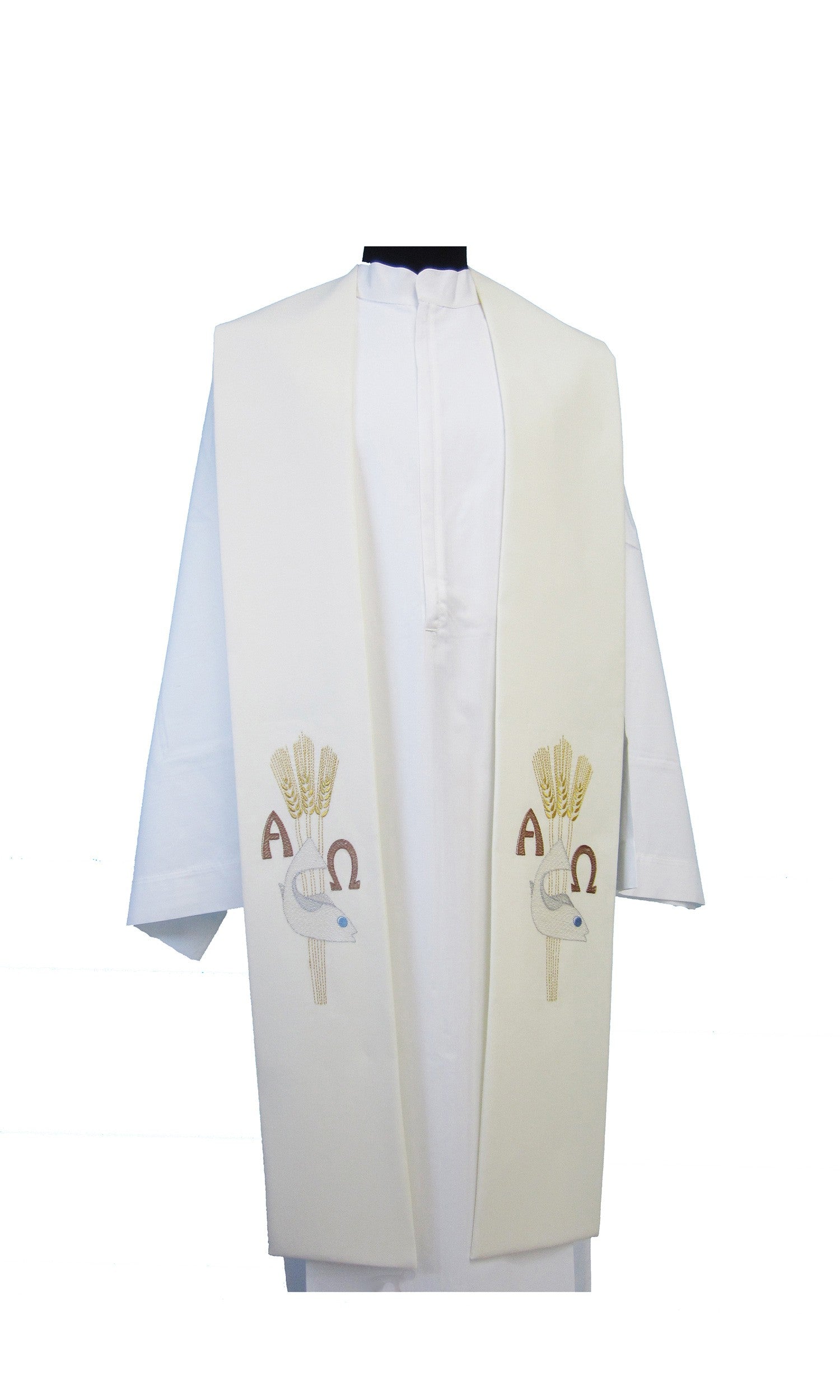 Stola per Sacerdote Ricamo Alfa Omega, Grano e Pesci (Colori Liturgici Disponibili)