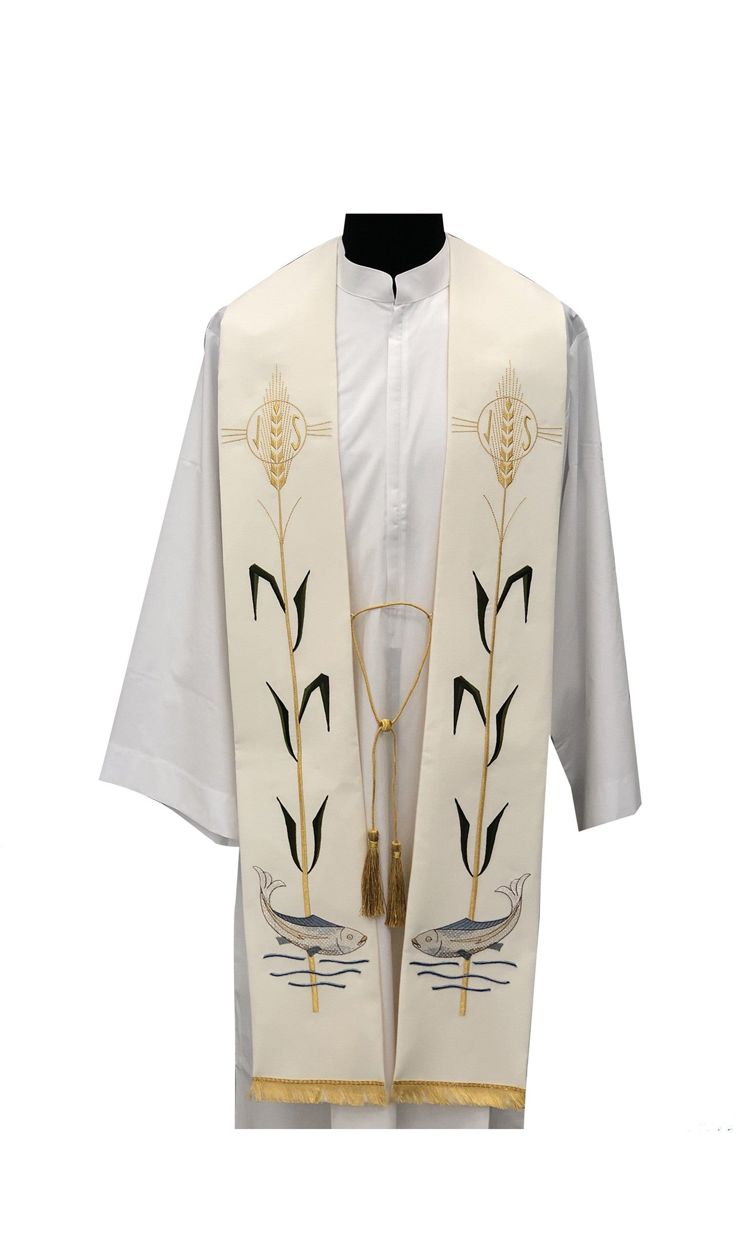 Stola per Sacerdote Ricamo Spighe di Grano e Pesci (Colori Lit. Disponibili)