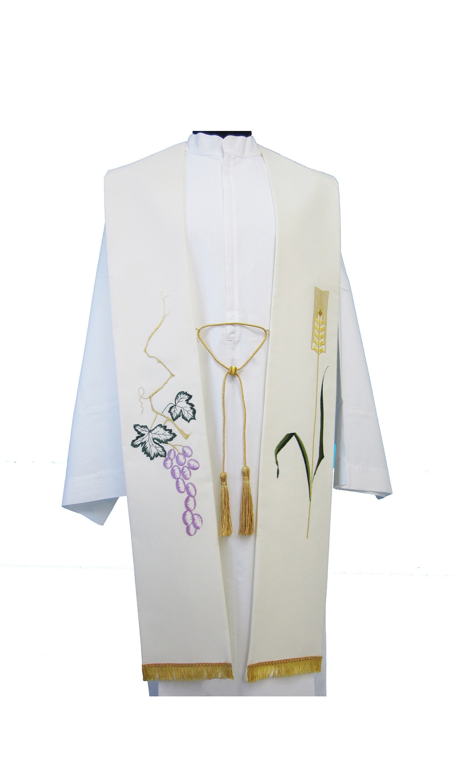 Stola per Sacerdote Ricamo Grano ed Uva con Frangia Oro (Colori Liturgici Disponibili)