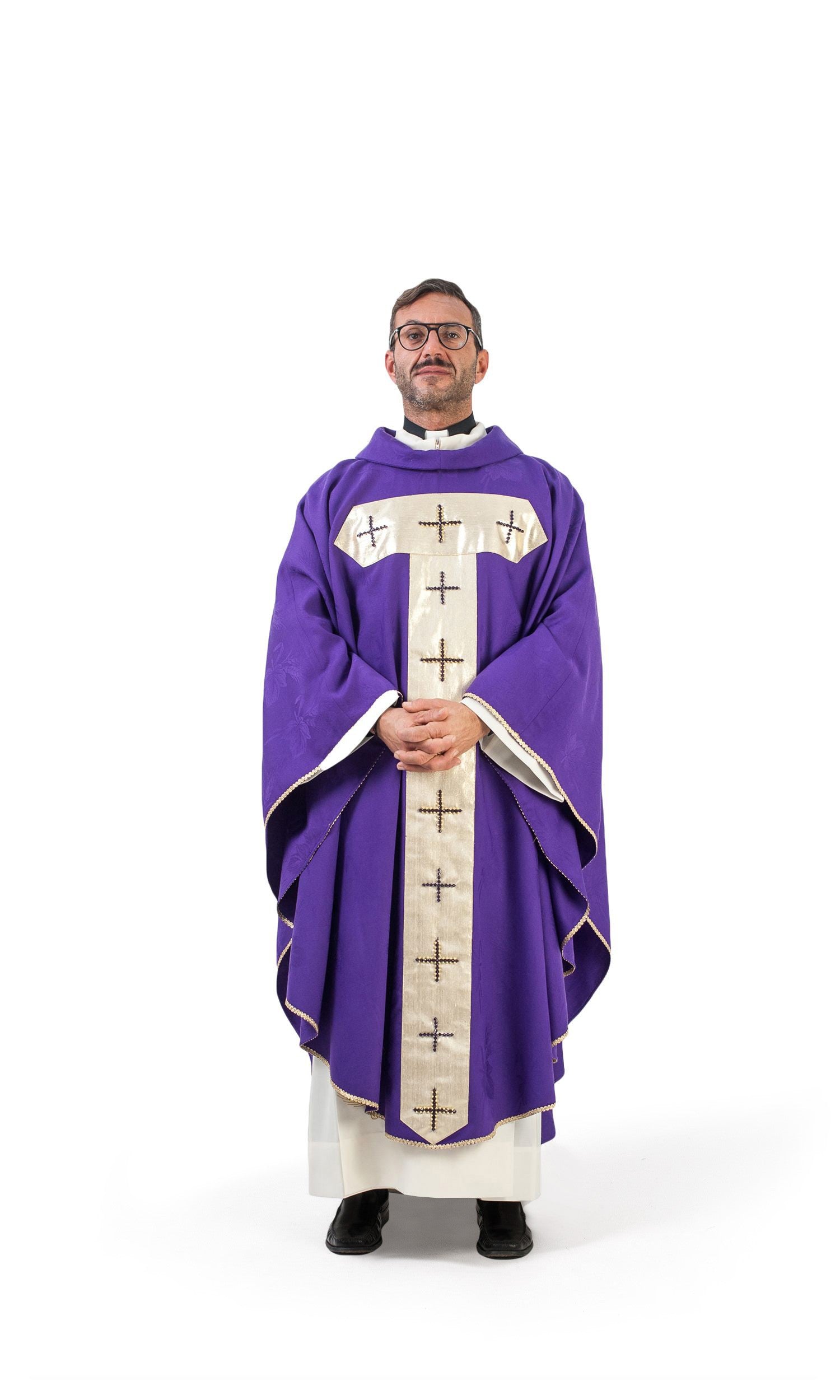 Casula in Lana Damascata con Croci a Mano Swarovski (Colori Disponibili)