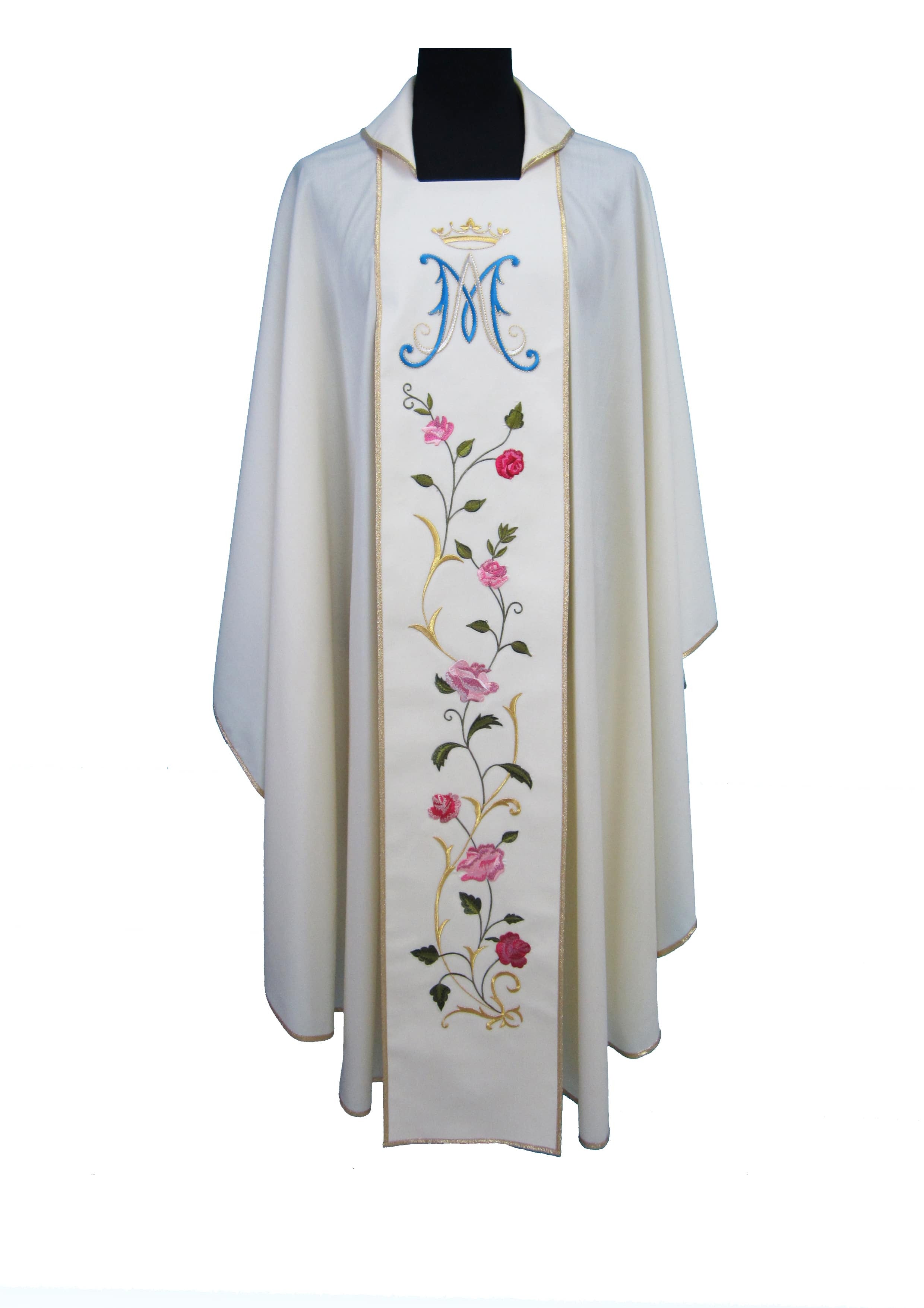 Casula Liturgica in Pura Lana Mariana Bianca Stolone Ricamato Rose