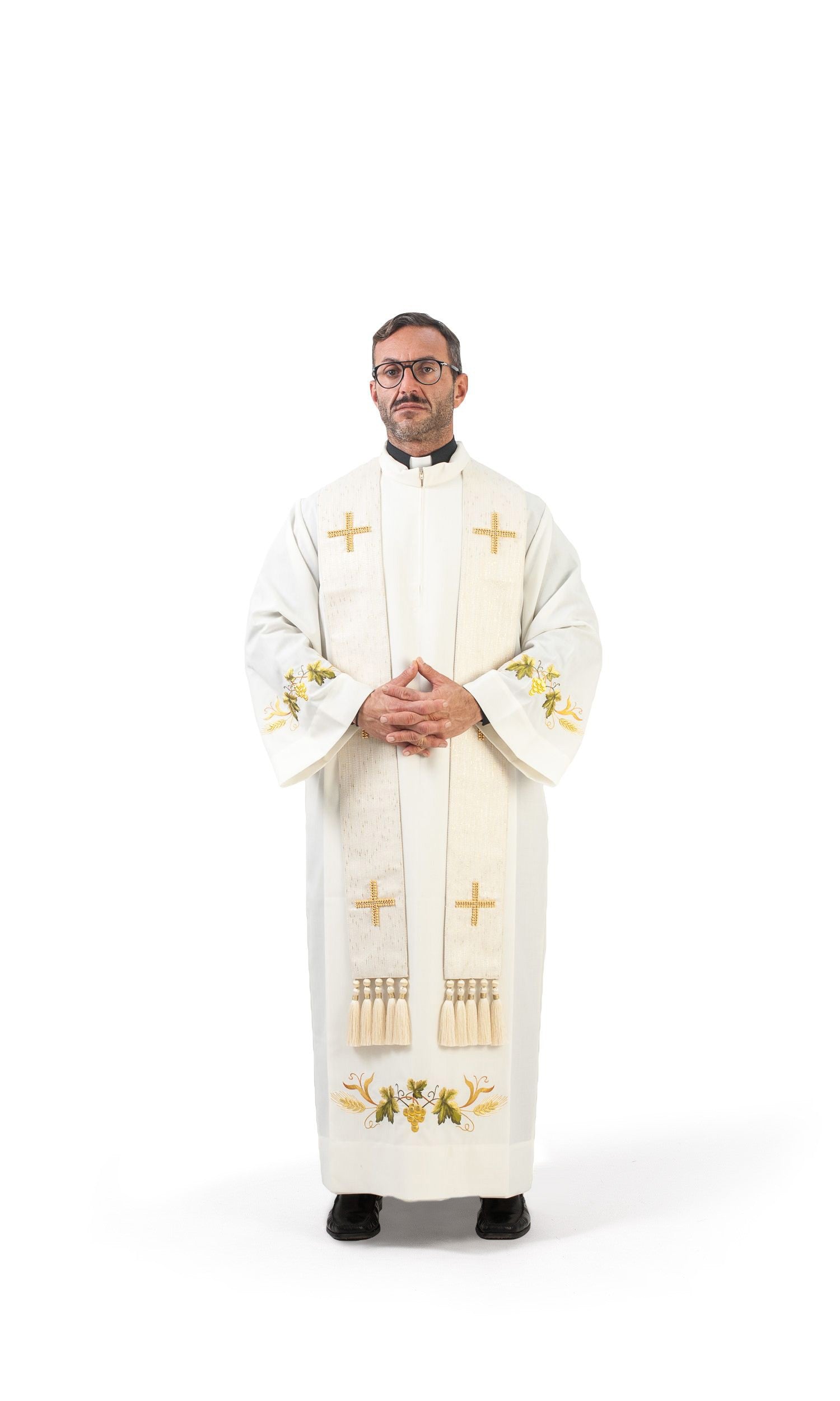 Stola per Sacerdote Bianca e Oro con Croci Ricamate a Mano
