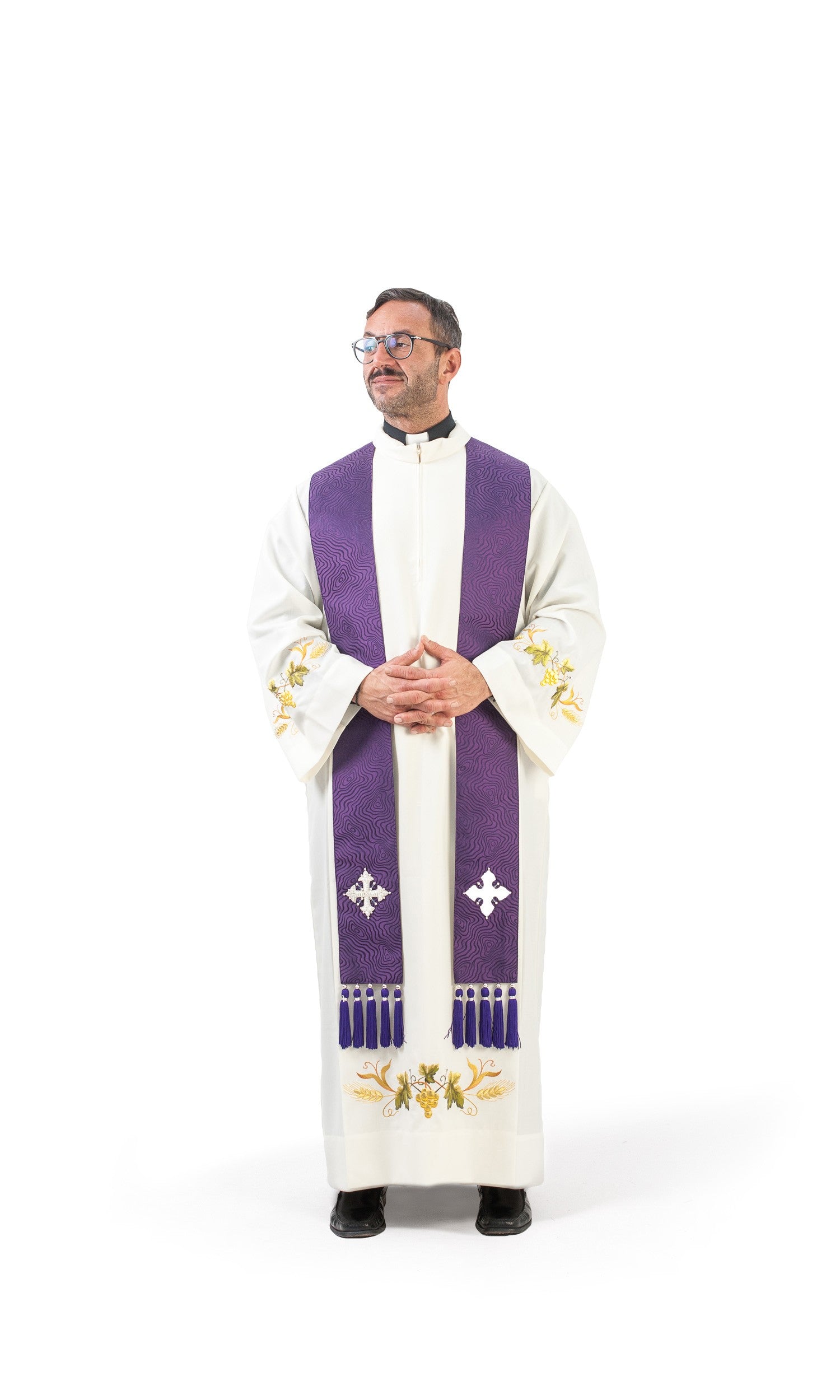 Stola per Sacerdote in Damasco Viola con Croci Argento