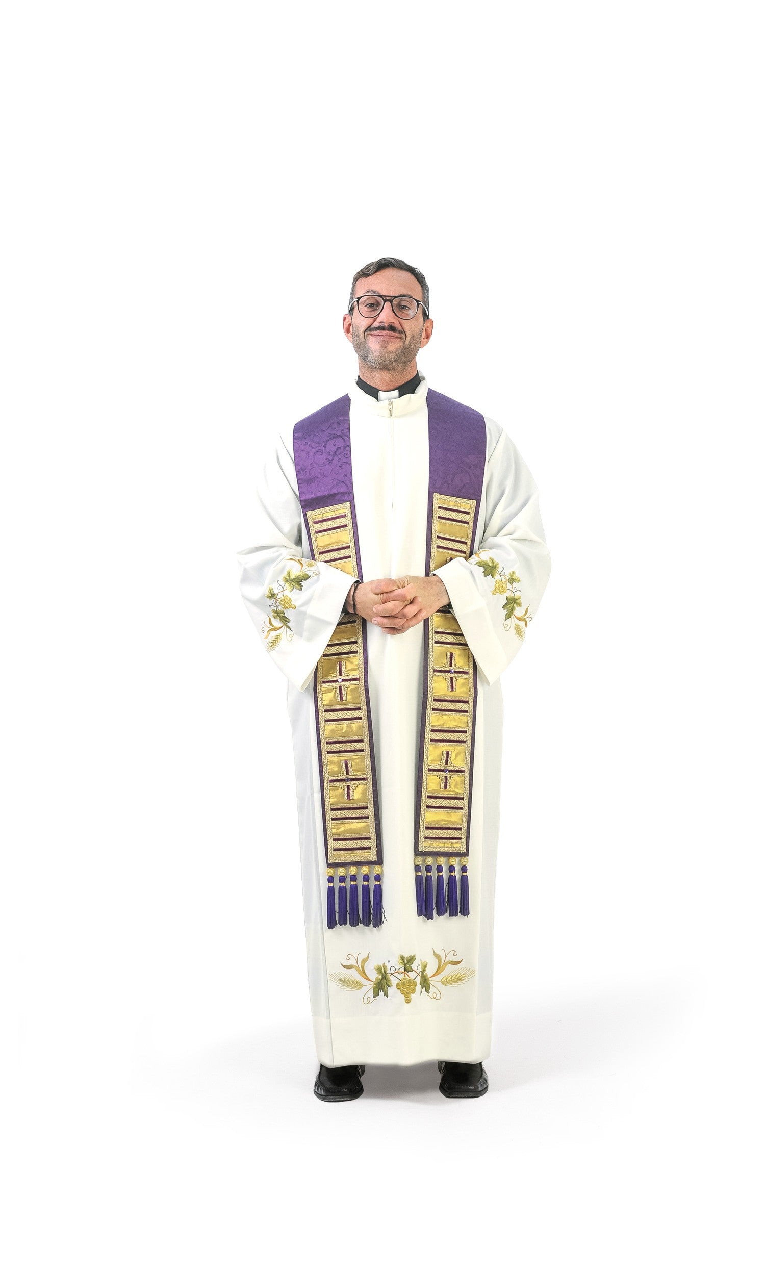 Stola per Sacerdote in Seta Viola con Formelle Oro e Croci