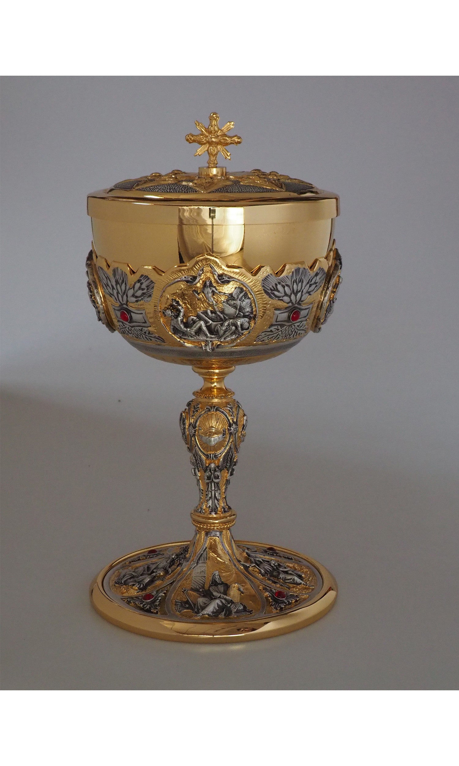 Pisside Bronzo fuso color Dorato con Simboli Argento