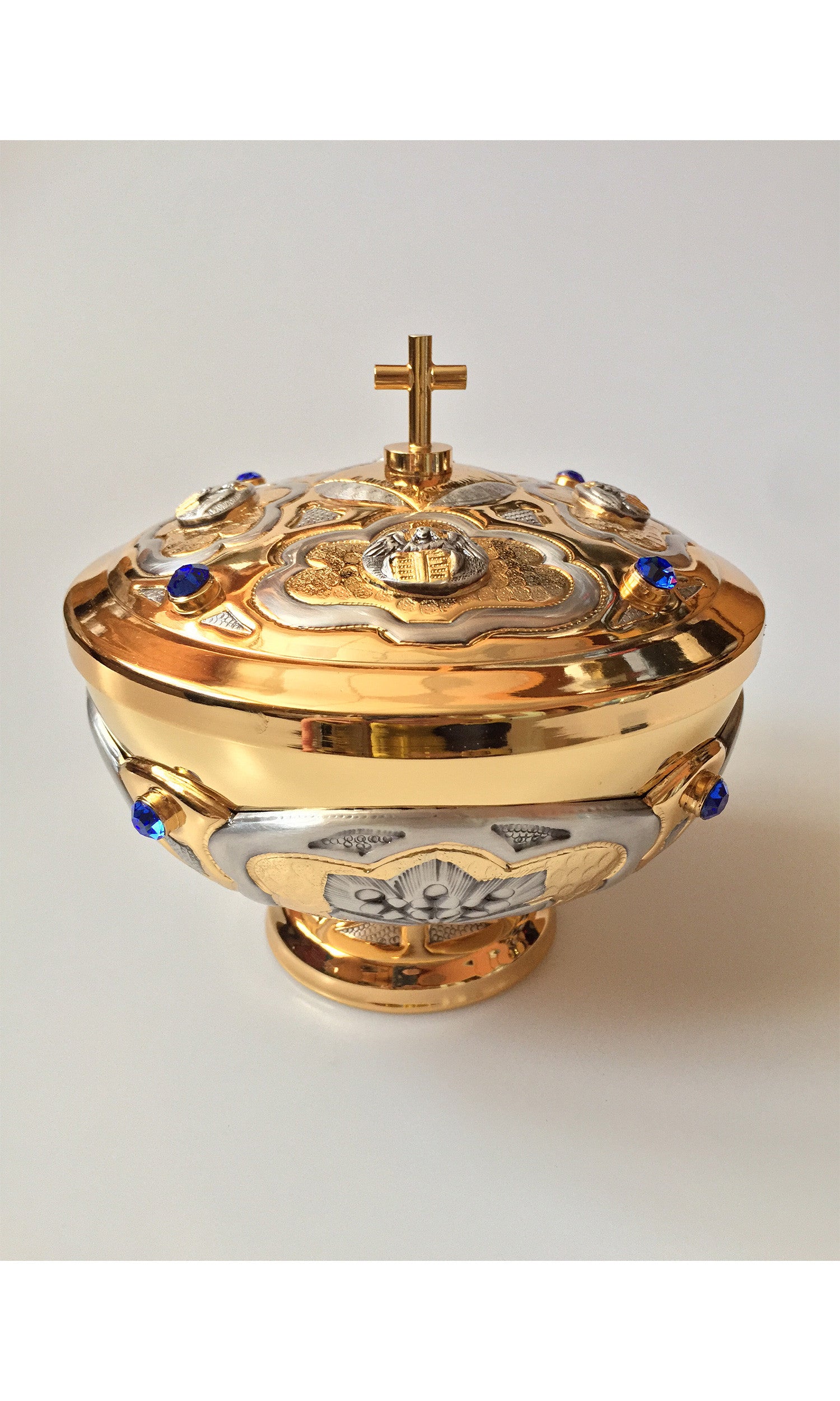 Pisside Bassa Altezza 11 cm con Zaffiri Blu e Decorazioni Argento