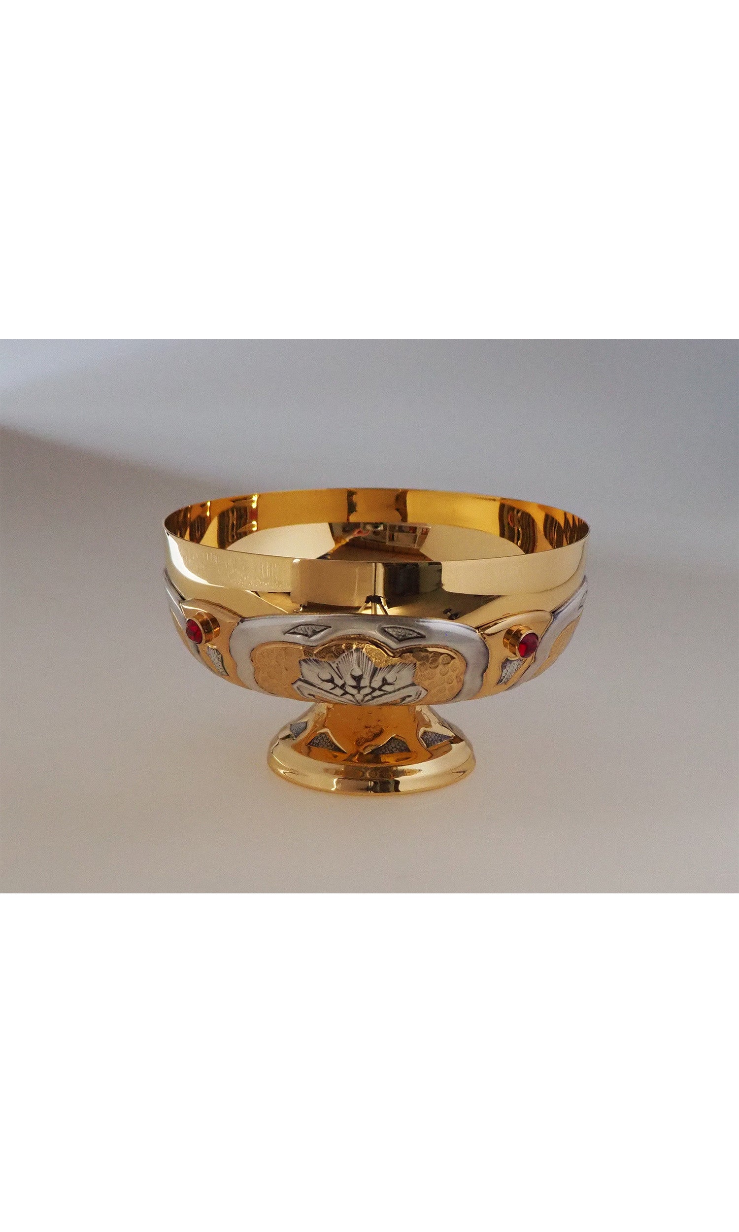 Piatto offerta in Bronzo fuso con decori Argento e Pietre Rosso