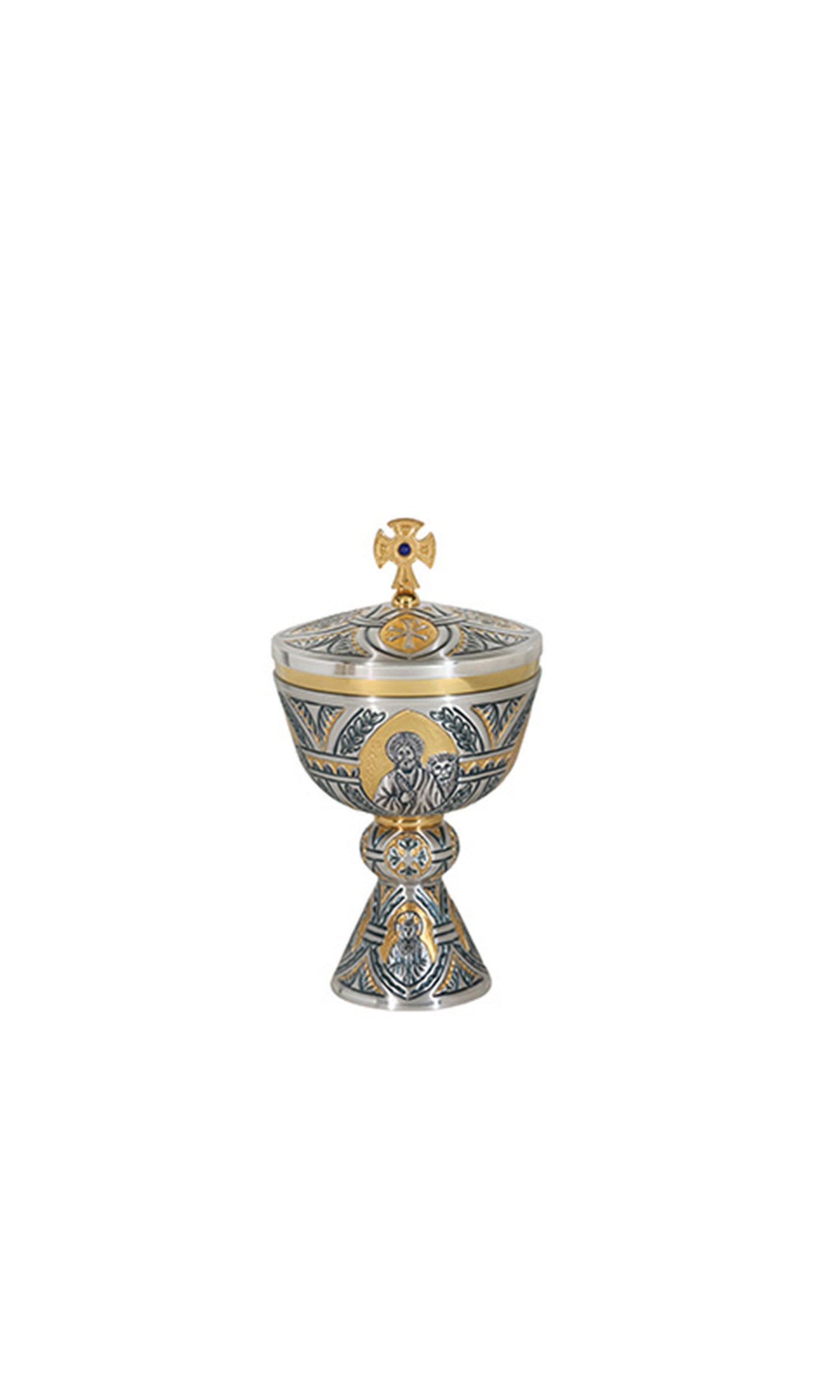 Pisside in Ottone con Rappresentazioni Sacre in Oro e Argento