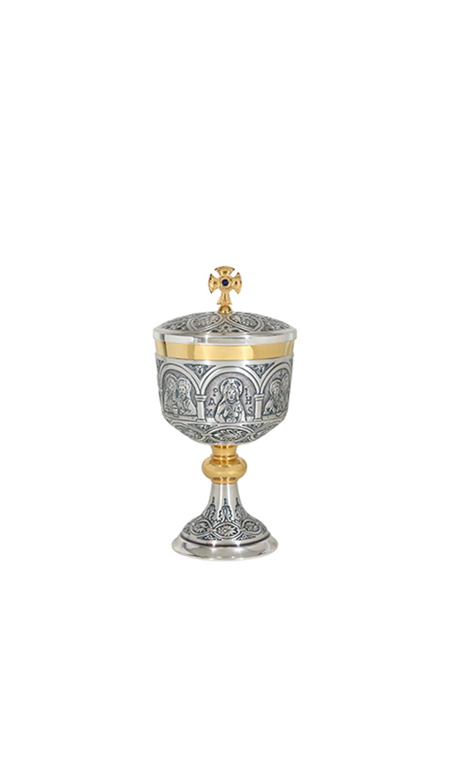 Pisside in ottone Argentata con Crocetta in Oro e Pietra Blu