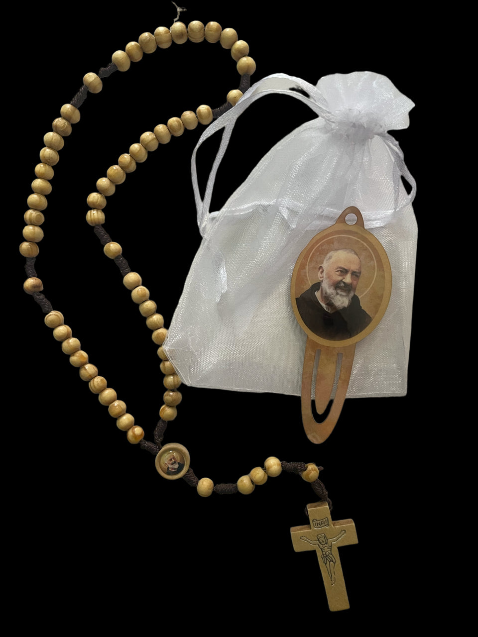 Rosario in legno con segnalibro San Pio