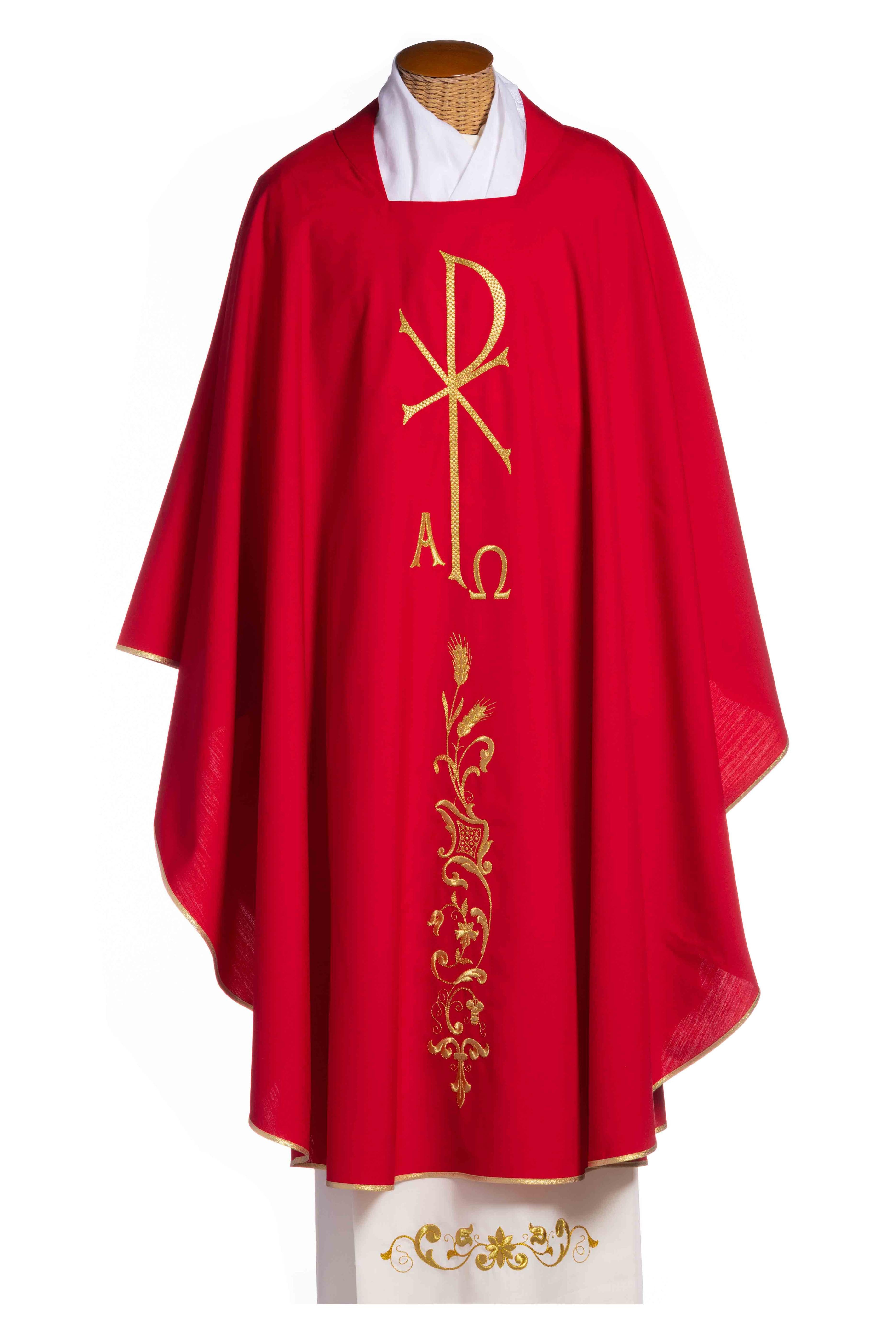 Casula Lana (o Misto) con Ricamo Oro Spiga, Alfa e Omega (Colori Liturgici Disponibili)