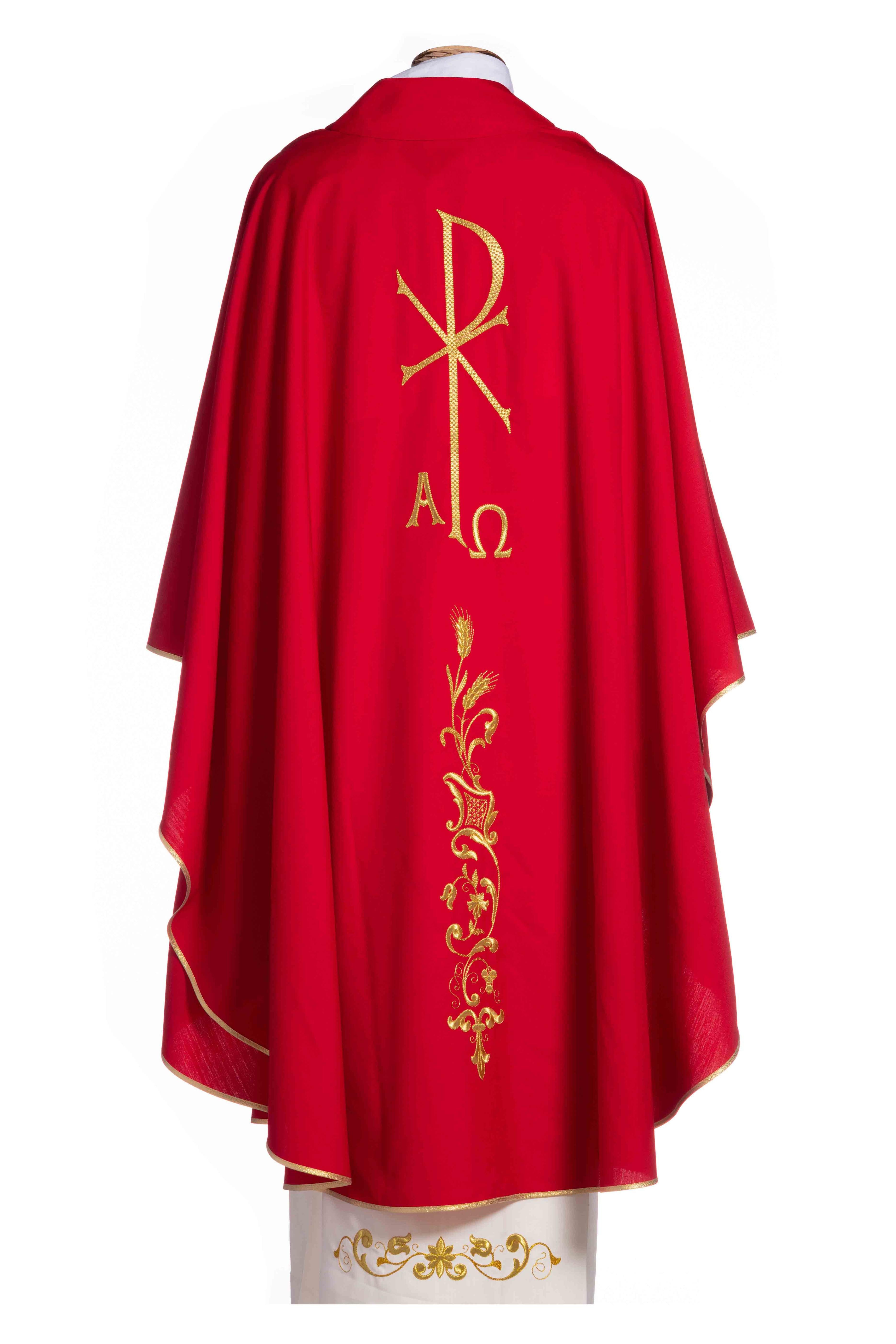Casula Lana (o Misto) con Ricamo Oro Spiga, Alfa e Omega (Colori Liturgici Disponibili)
