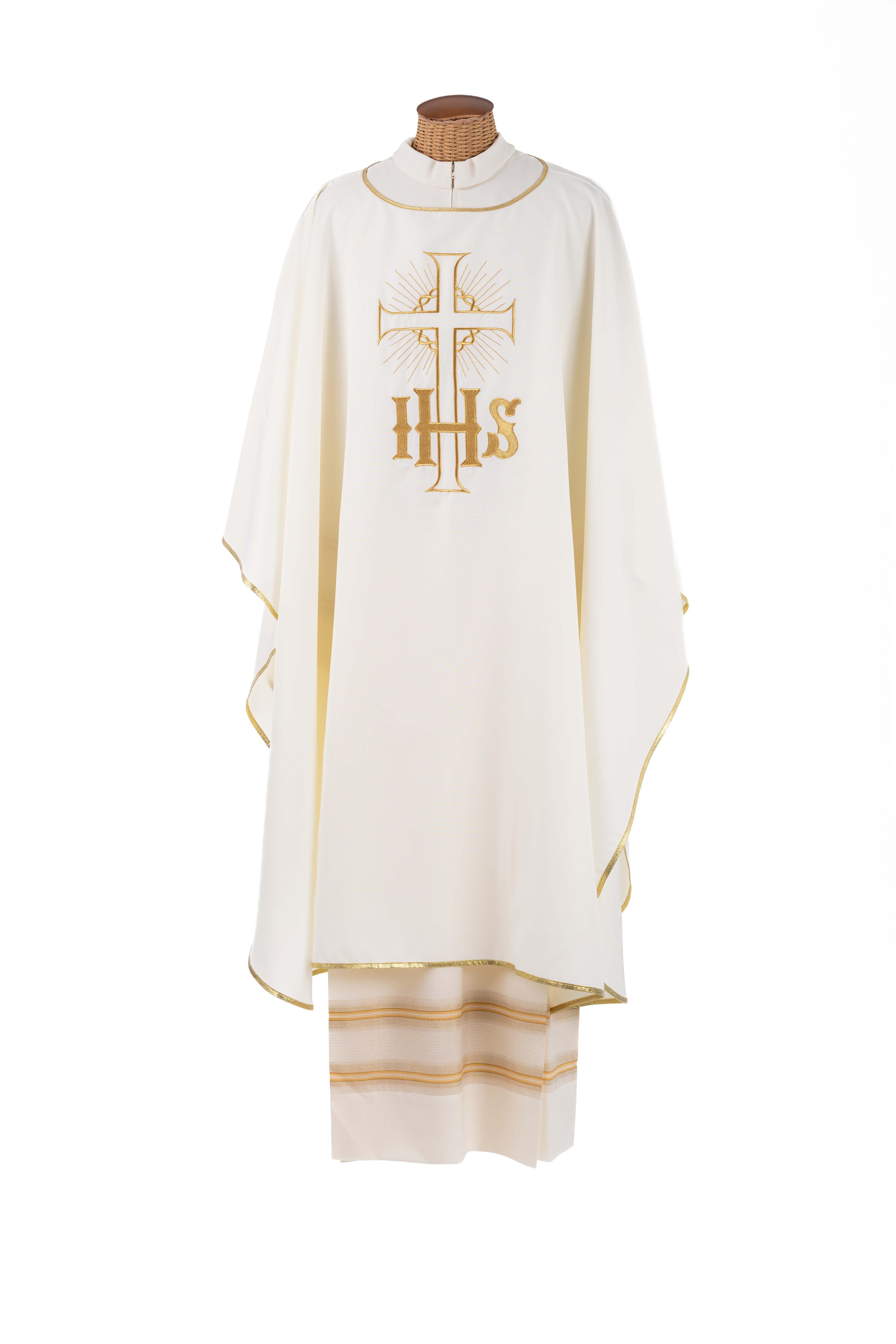 Casula Ricamo IHS Oro con Collo Rovesciato o Girocollo (Colori Liturgici Disponibili)