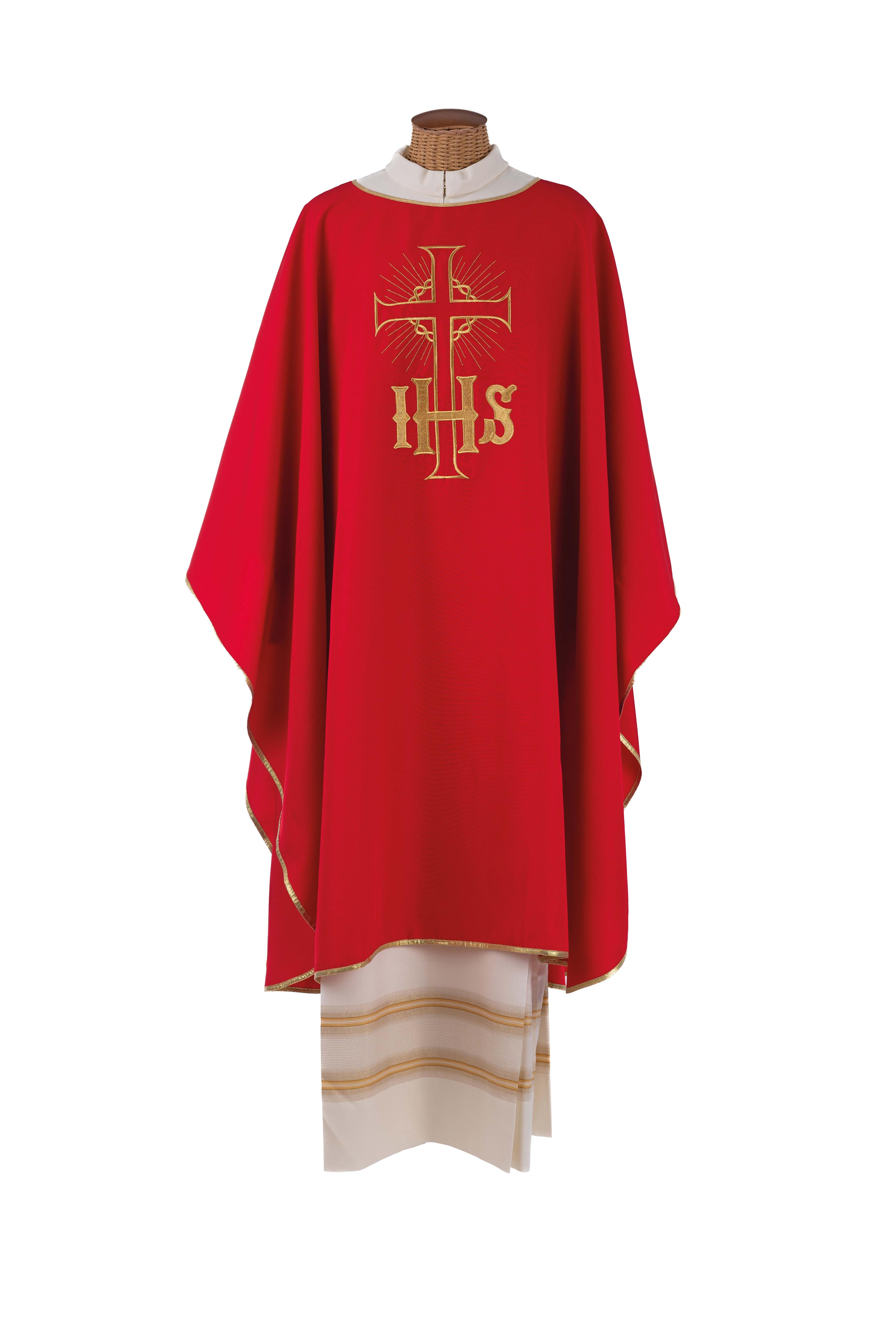 Casula Ricamo IHS Oro con Collo Rovesciato o Girocollo (Colori Liturgici Disponibili)
