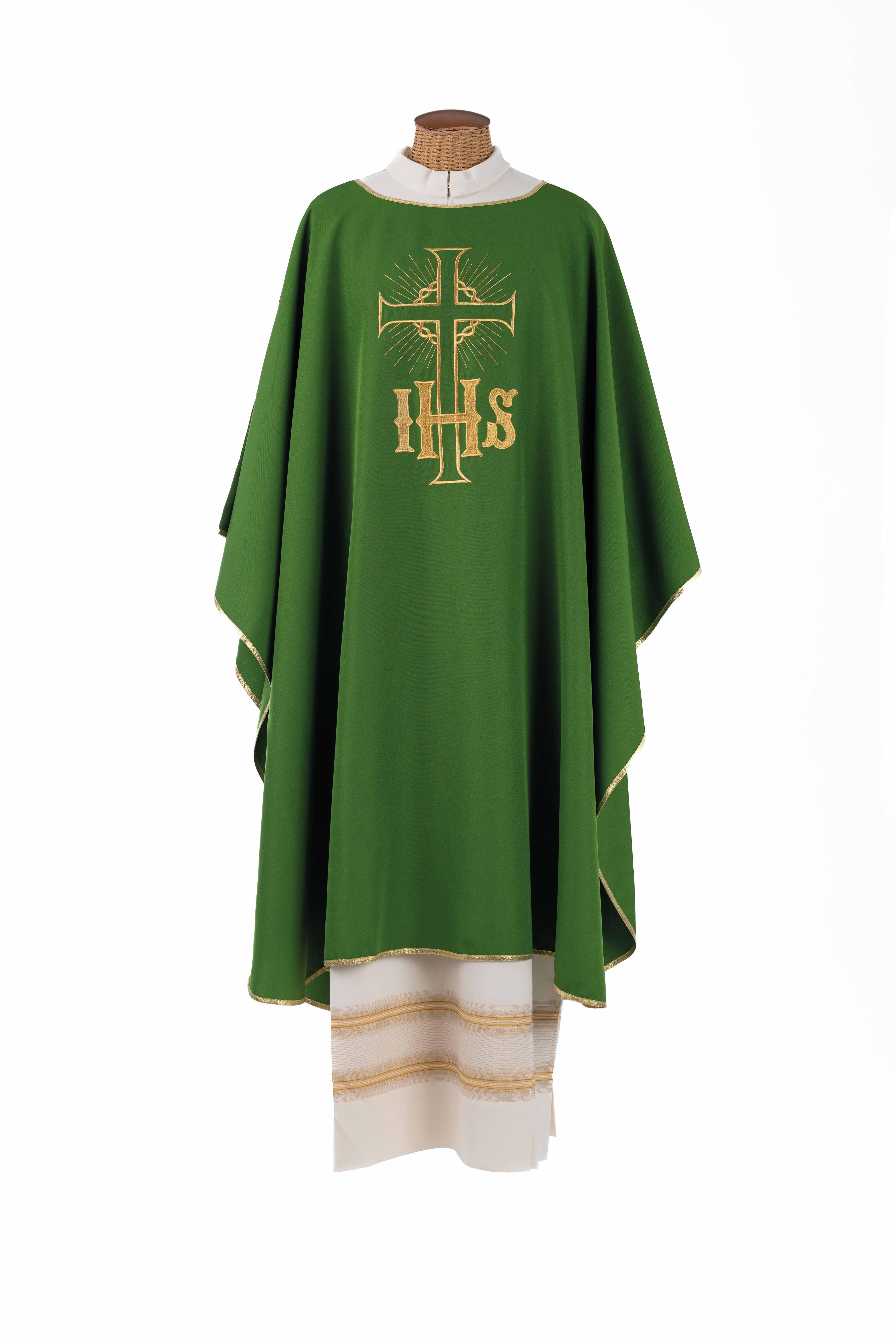 Casula Ricamo IHS Oro con Collo Rovesciato o Girocollo (Colori Liturgici Disponibili)