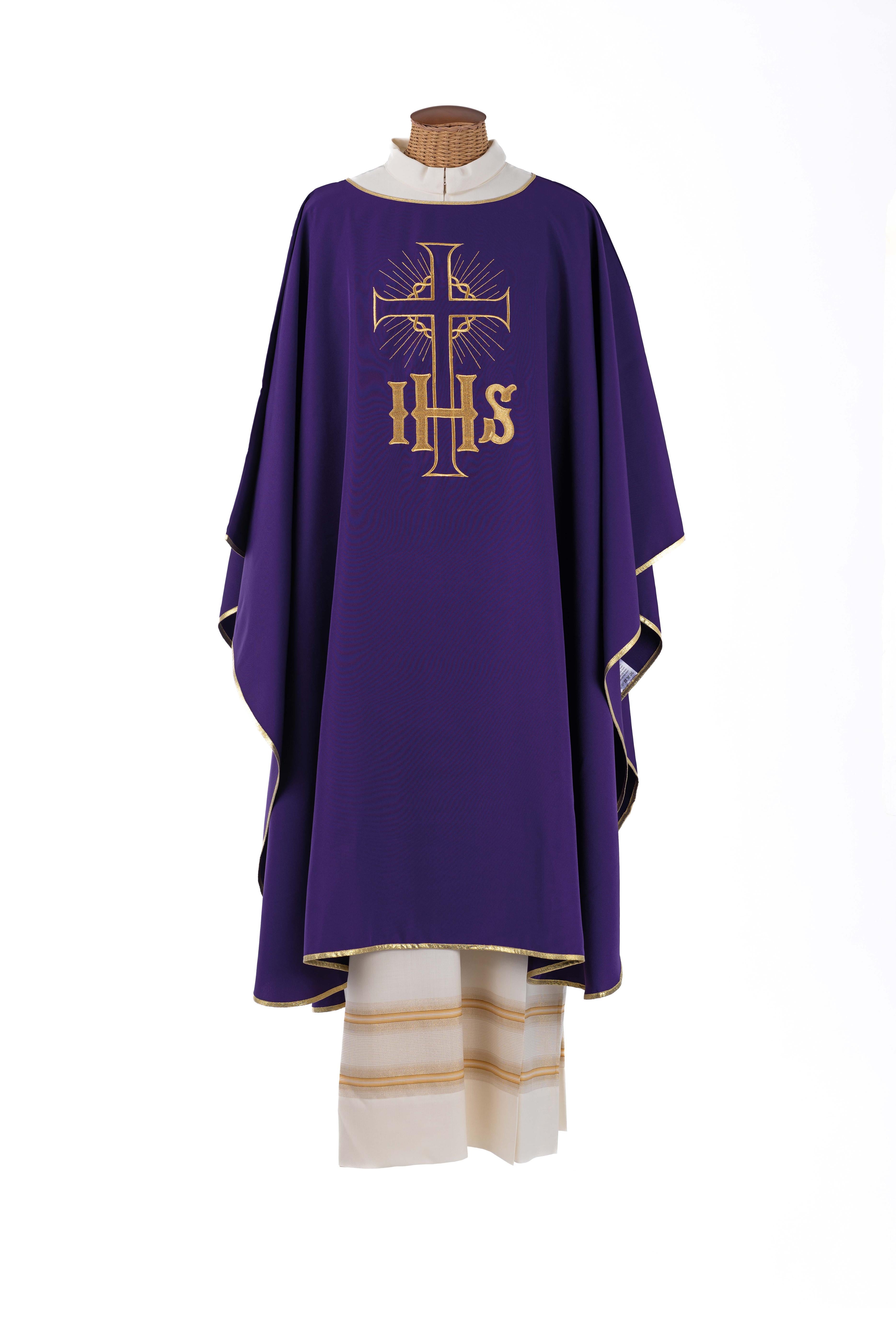 Casula Ricamo IHS Oro con Collo Rovesciato o Girocollo (Colori Liturgici Disponibili)