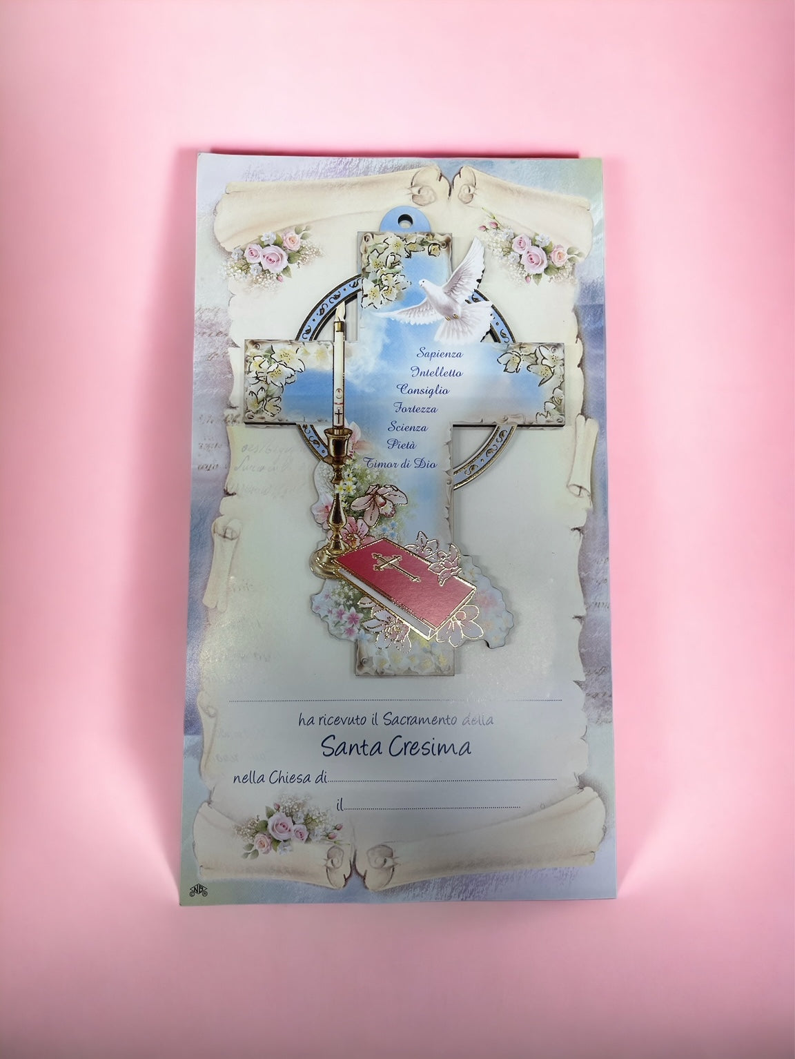 Pergamena personalizzabile e croce Sette Doni per la Santa Cresima