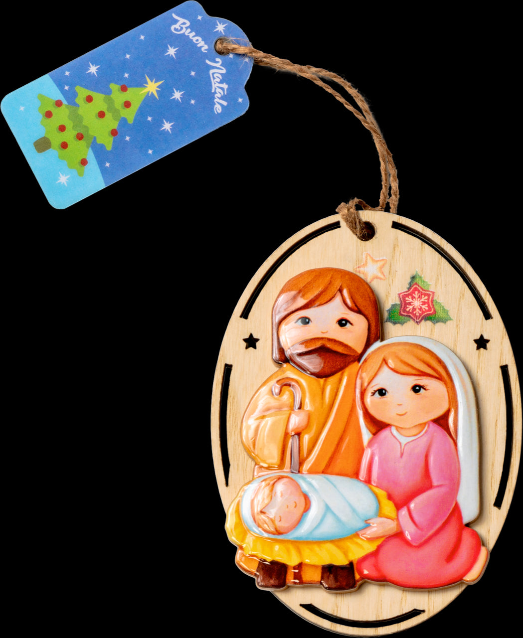 Natività su Base Legno Completa di Sacchetto Regalo Soggetti Assortiti