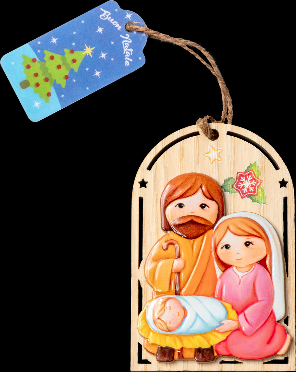 Natività su Base Legno Completa di Sacchetto Regalo Soggetti Assortiti
