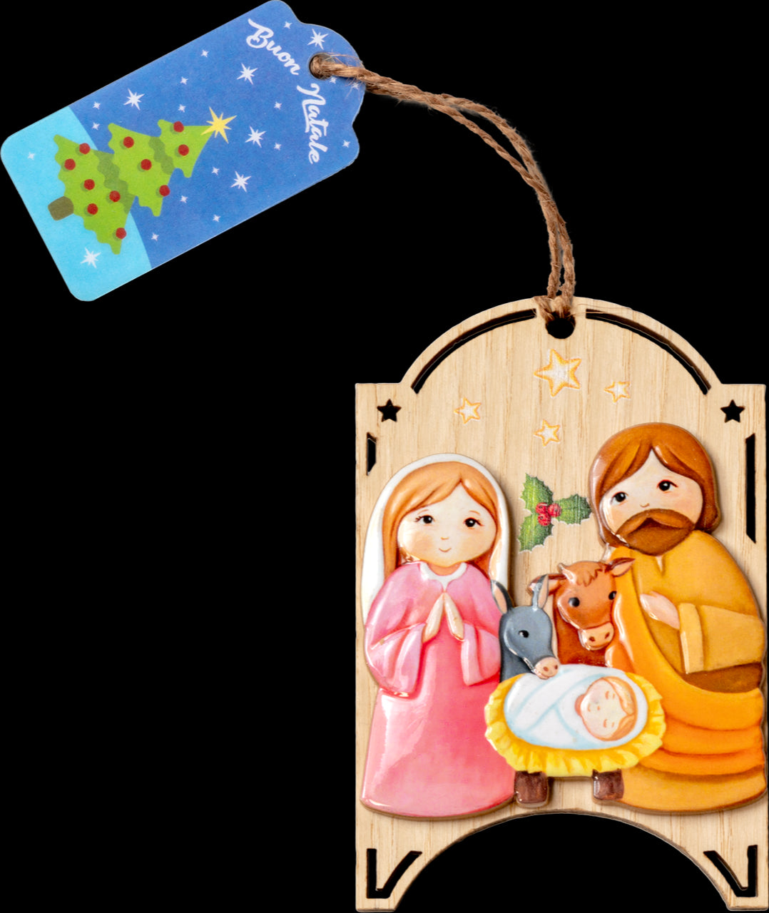 Natività su Base Legno Completa di Sacchetto Regalo Soggetti Assortiti