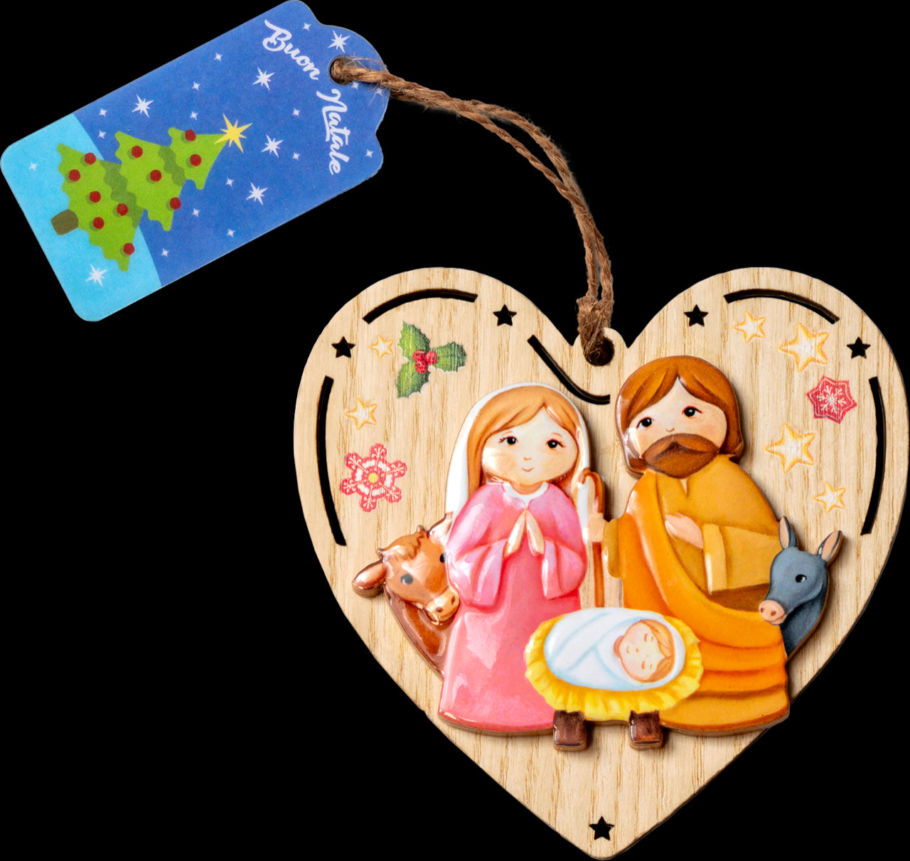 Natività su Base Legno Completa di Sacchetto Regalo Soggetti Assortiti