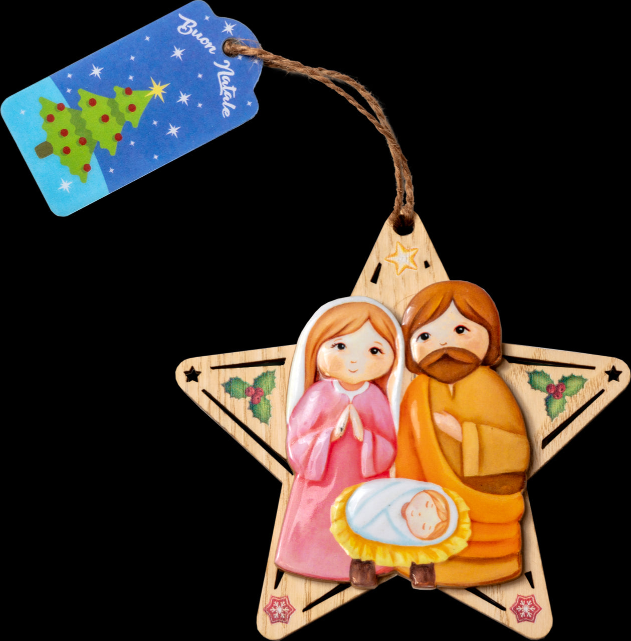 Natività su Base Legno Completa di Sacchetto Regalo Soggetti Assortiti