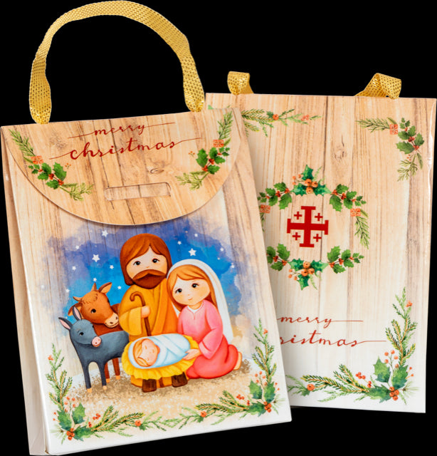 Natività su Base Legno Completa di Sacchetto Regalo Soggetti Assortiti