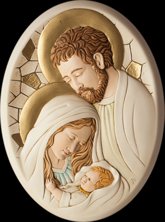 Quadro ovale in resina decorato a mano Sacra Famiglia 20x29 cm