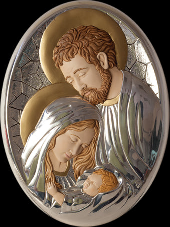 Quadro ovale in resina Argento decorato a mano Sacra Famiglia 20x29 cm