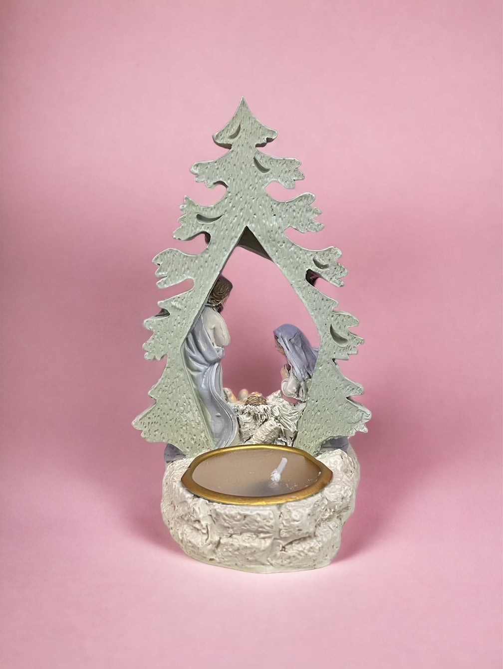 Porta candela a forma di Albero con piccolo Presepe Dipinto a mano