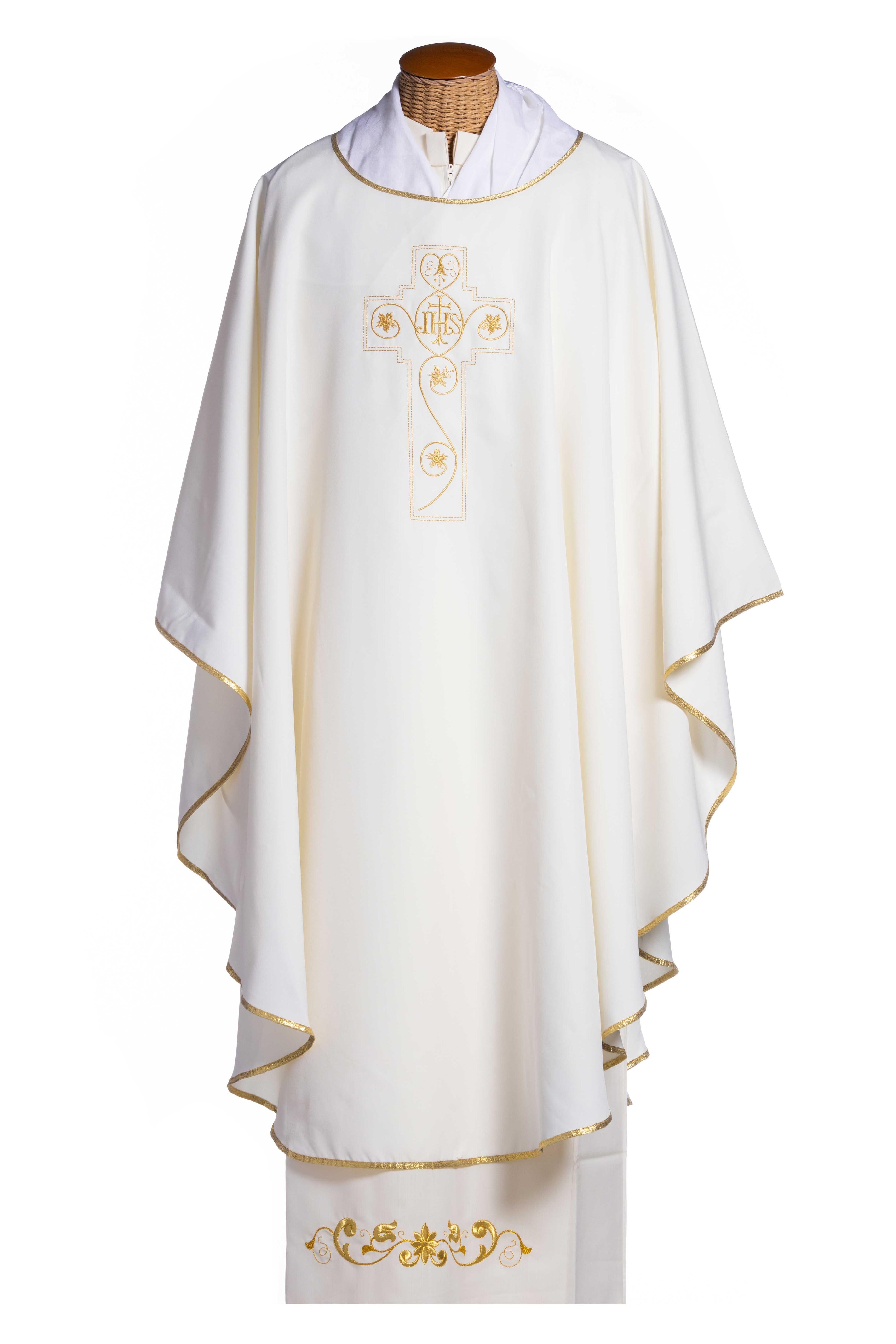 Casula con Ricamo in Oro Croce IHS (Colori Liturgici Disponibili)