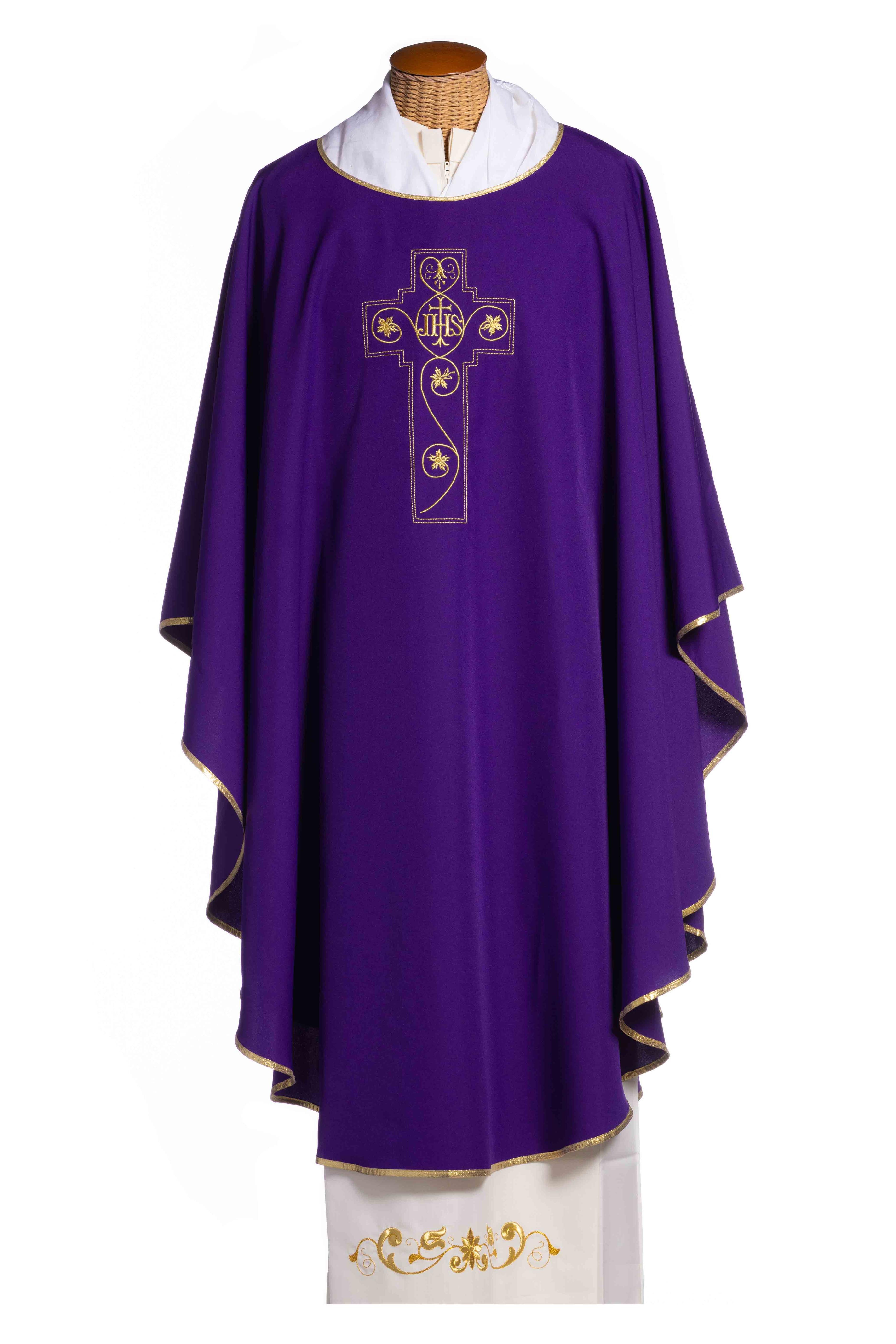 Casula con Ricamo in Oro Croce IHS (Colori Liturgici Disponibili)