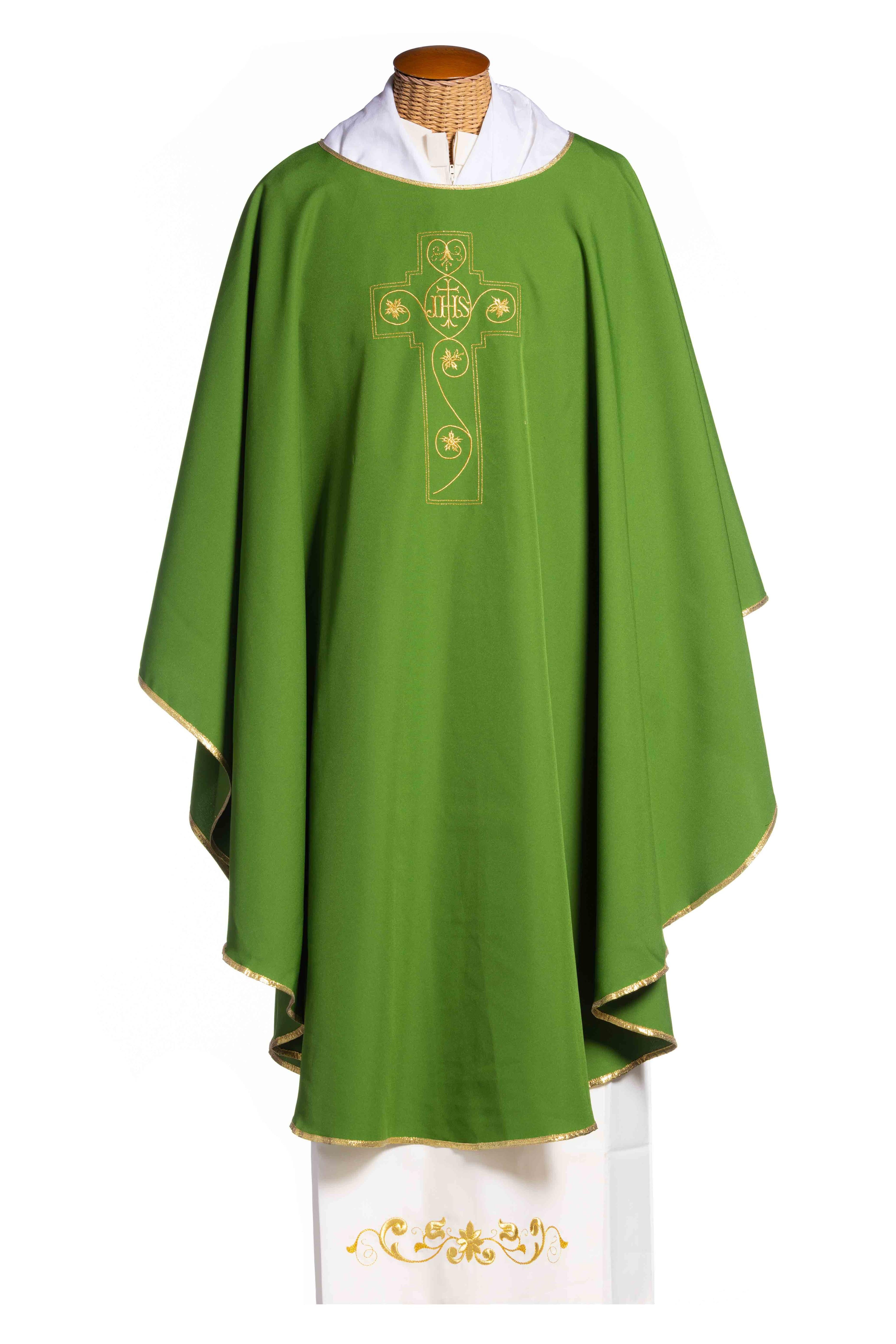 Casula con Ricamo in Oro Croce IHS (Colori Liturgici Disponibili)