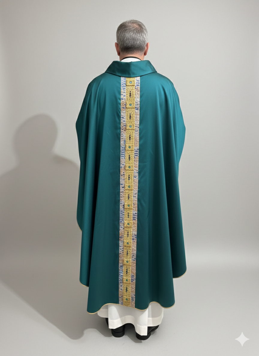 Casula verde in seta son stolone damascato